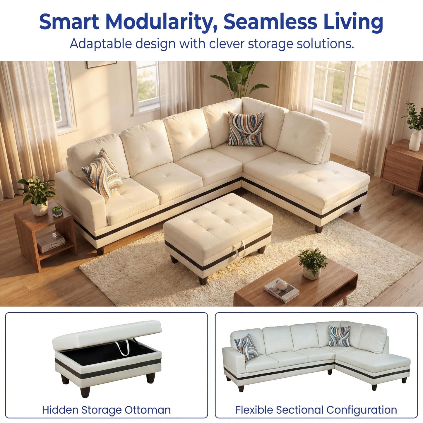 Topcomfy Leather L Shaped Sectional Couches for Living Room - 97.5“ x 66.5" Modular Sectional Sofa with Storage Ottoman, 4 Seat Home Sofa Living Room Furniture Sets with Chaise for Apartment, White