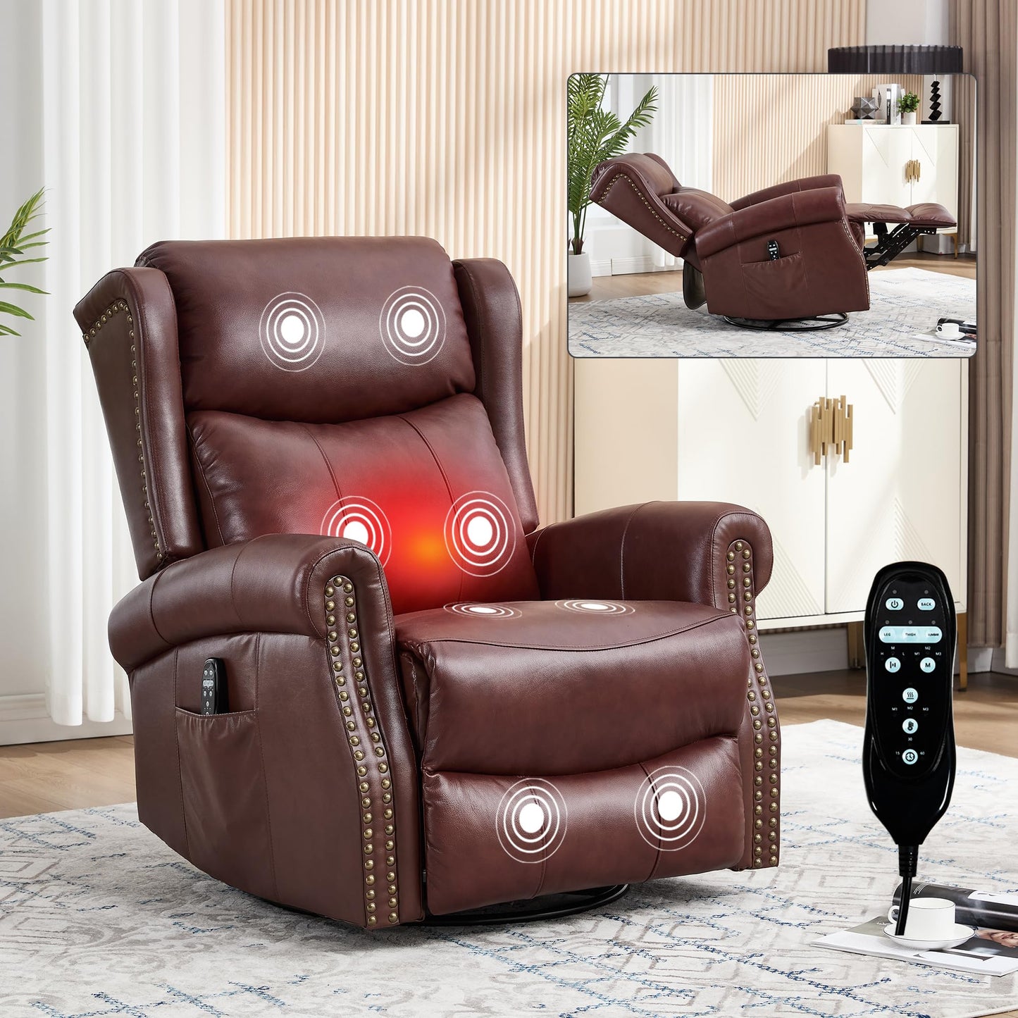 GDFStudio Heat Massage Manual Recliner Chair with Rocking and 360° Swivel Base, Genuine Leather Recliner Chair with Lumbar Heat, 8-Point Vibration Massage, 155° Reclining Living Room Chair, Wine Red