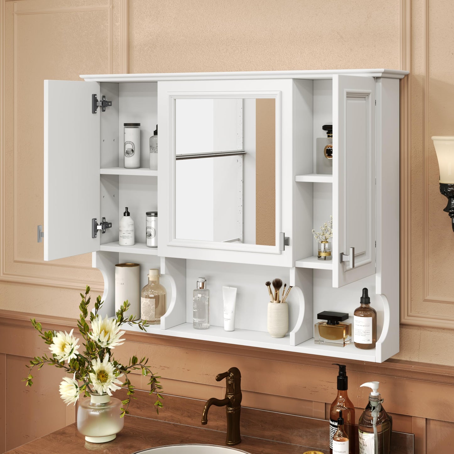 Virubi Bathroom Wall Cabinet with Mirror, Medicine Cabinet with 3 Doors and Adjustable Shelf, Space Saver Storage Cabinets Over The Toilet for Bathroom (35'' x 28'') (White)
