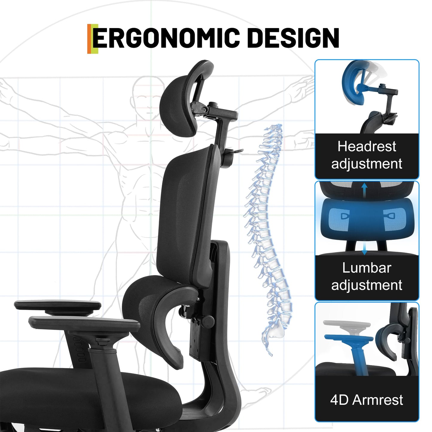 Garvee Ergonomic Mesh Office Chair, Adjustable Lumbar High Back Desk Chair 300lbs, 4D Flip-Up Arms, 3-Level Tilt Backrest, 3D Headrest, PU Wheels, Swivel Rolling Computer Seating for Long Desk Work