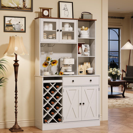 71" Kitchen Pantry Cabinet with Wine Bottle Rack and Charging Station Tall Pantry Storage Cabinet with Adjustable Shelves and Door Shelves Modern Kitchen Hutch with Microwave Stand and Countertop