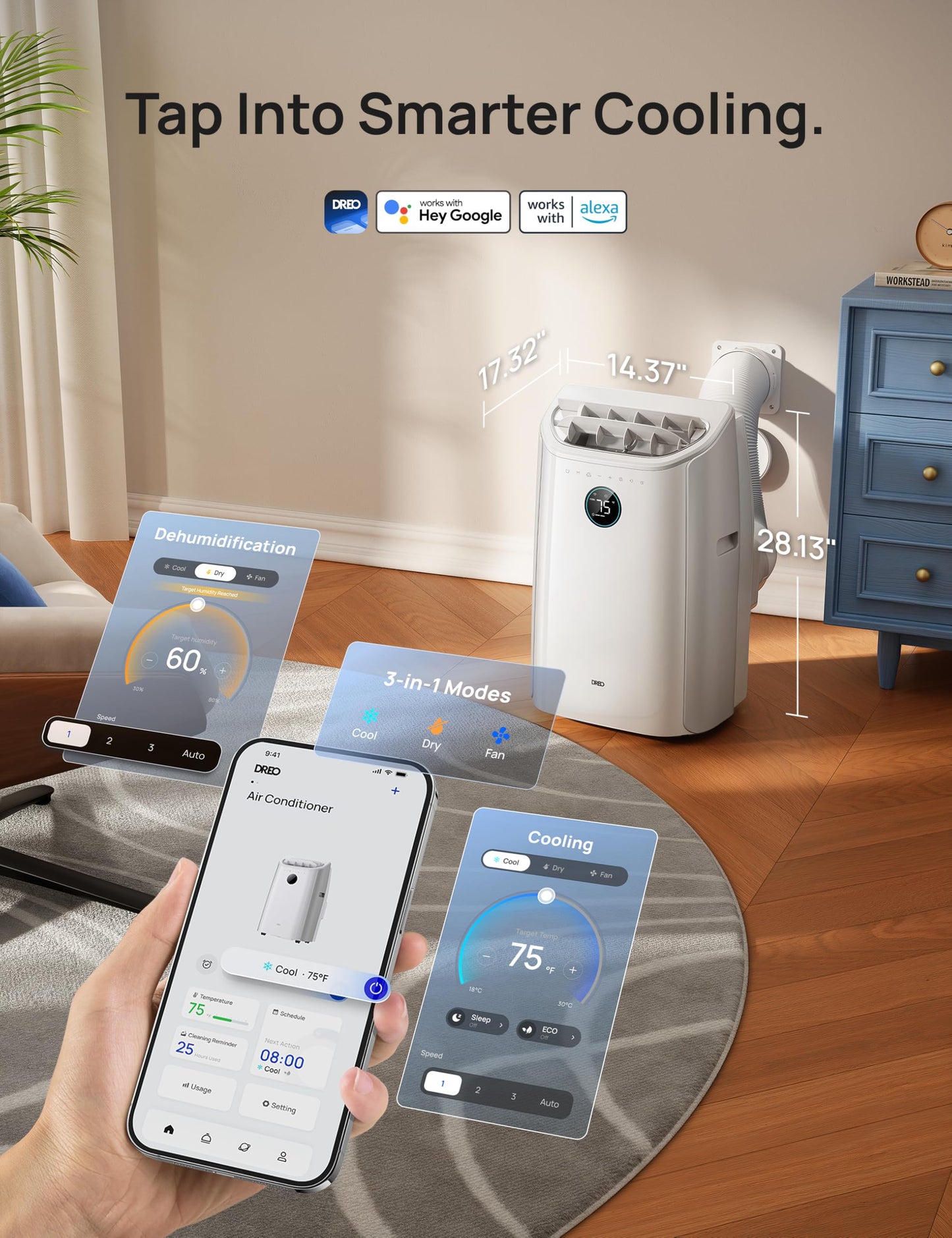 DREO Portable Air Conditioner 515S, 12000 BTU ASHRAE (8000 BTU DOE) Smart AC Unit for Bedroom with Drainage-free Cooling, Fan&Dehumidifier 3 in 1, APP/Voice/Remote, Quiet Standing AC for Room Indoors