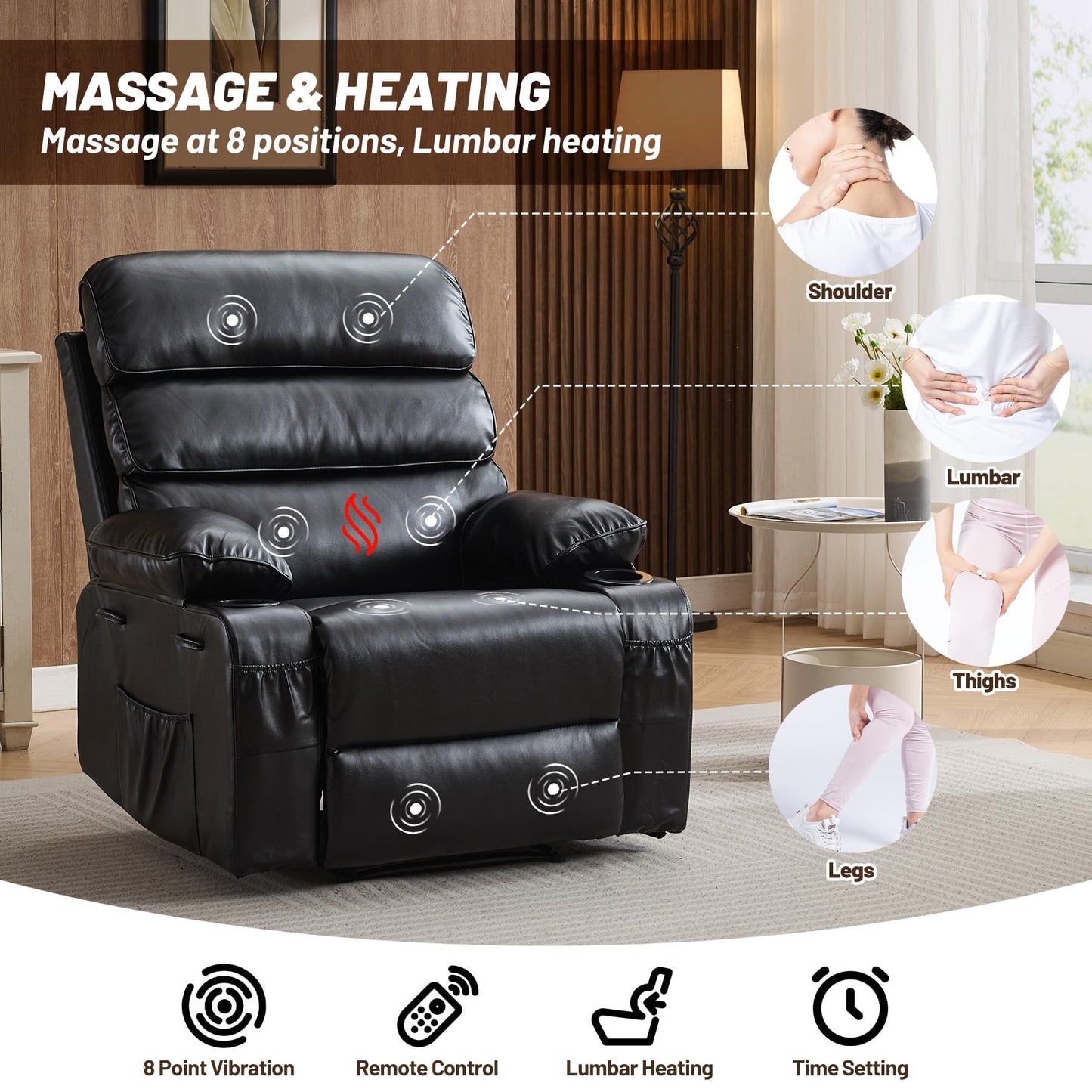 Garvee PU Leather Manual Recliner Chair with Massage and Heat, 27" Extra Wide Seat, 400 lbs Capacity, Thickened Sponge Armrests and Back, Cup Holders & Side Pocket, Living Room or Bedroom, Black