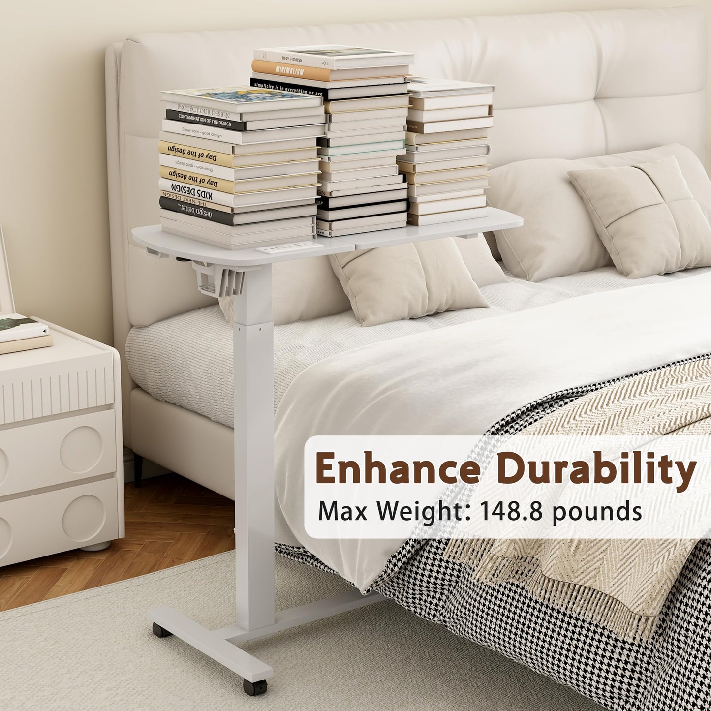 6 In 1 Overbed Bedside Table with Wheels, 32'' Long 90° Medical Adjustable Tilt Hospital Bed Table, Standing Desk with Charging Station Cup Holder Hook, 30''-43'' Height Home Hospital Office (White)