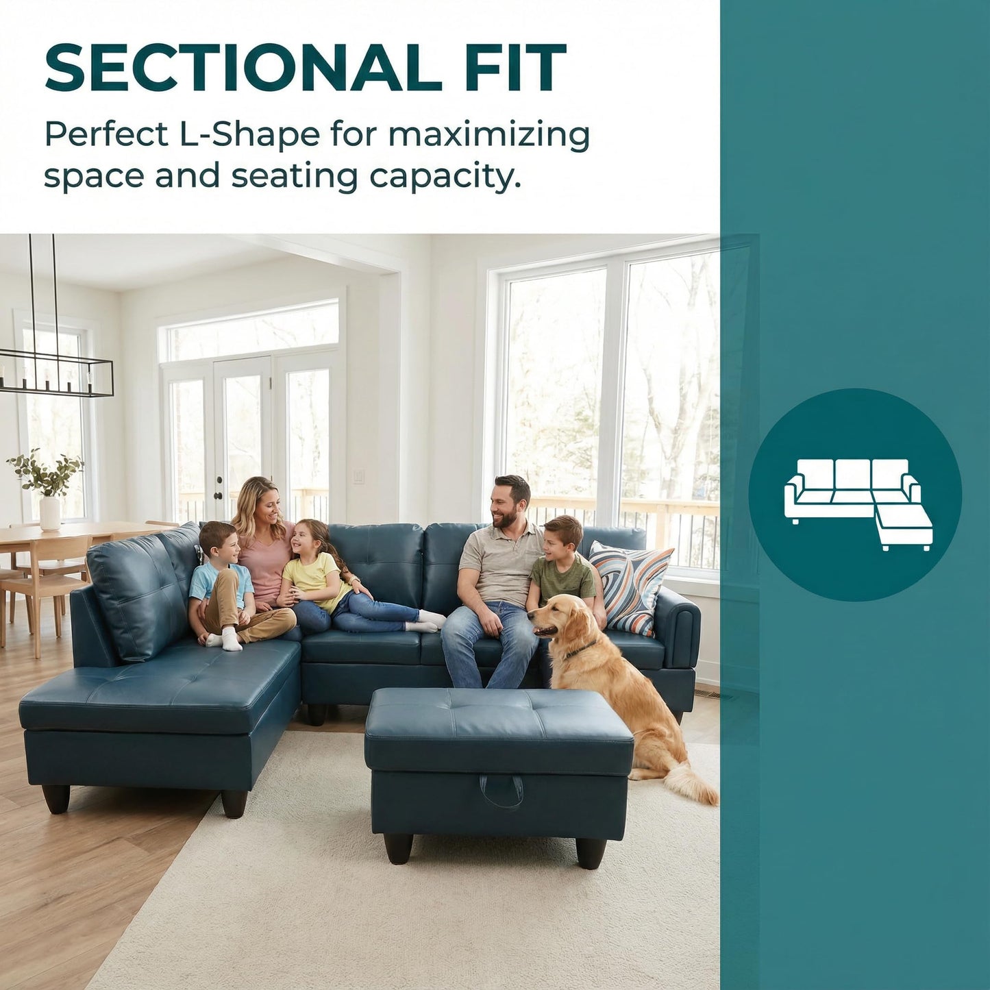 Trygoal 97" Leather 4-Seat L-Shaped Sectional Sofa with Movable Chaise & Storage Ottoman - 3-Piece Modular Convertible Couch for Living Room, Bedroom, Apartment & Office, Gray Blue