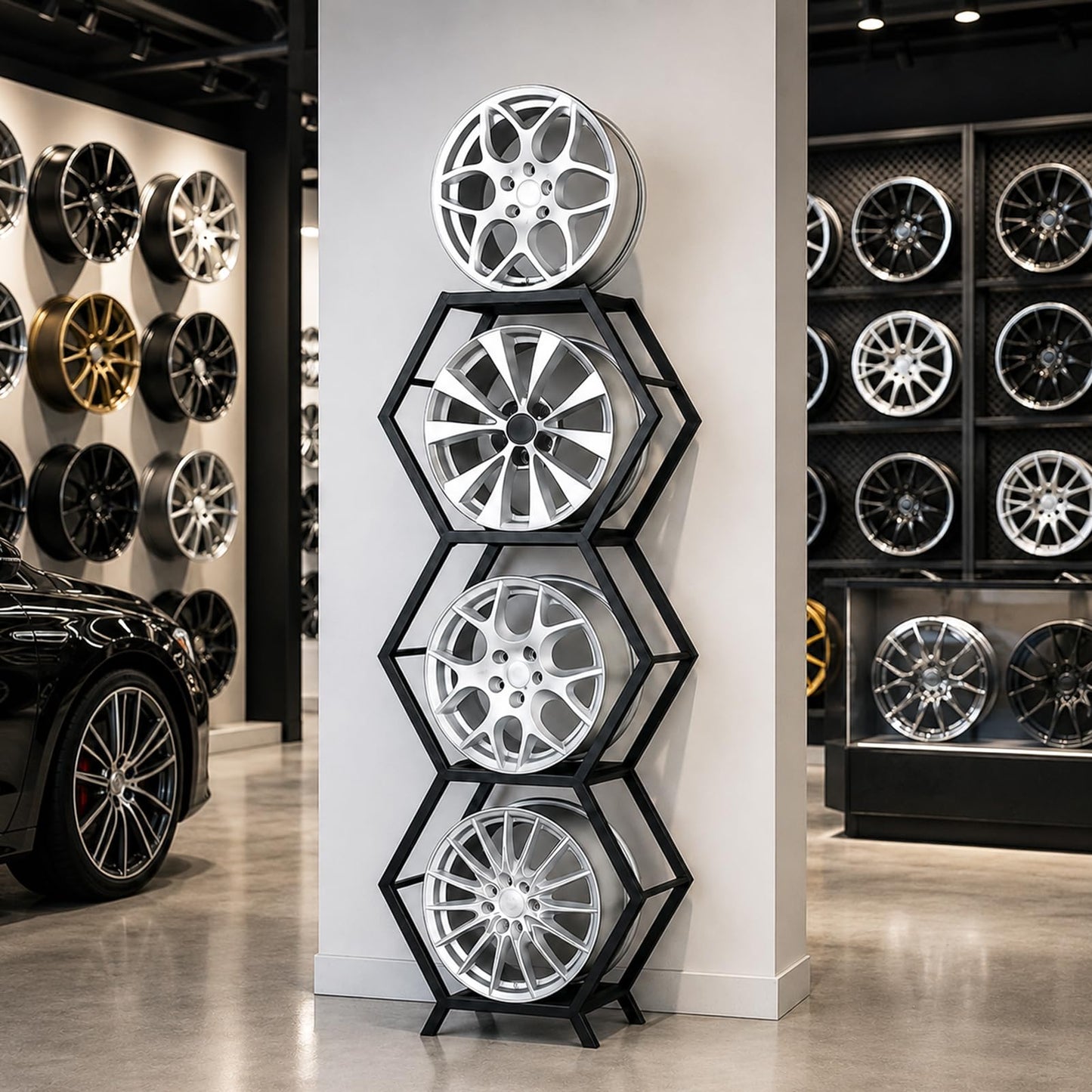 Renvan Garage Wheel Rim Rack - Heavy Duty Steel Display Rack Holds 4 Rims, Stackable Car Hub Organizer for Car Repair Shop, Tire Store (3 frames + 1 base)