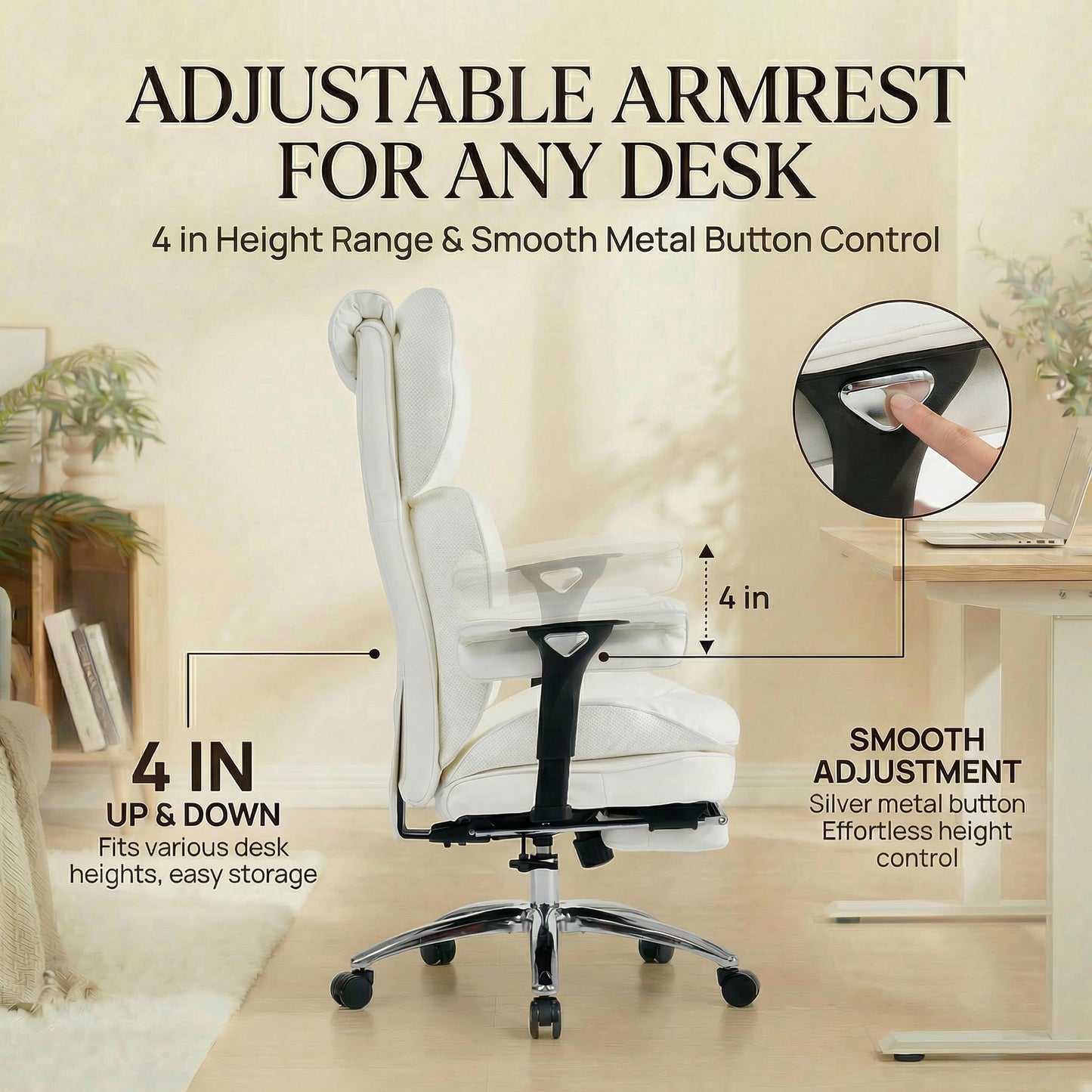 Efomao Big and Tall Desk Chair 400lbs, 22" Extra Wide Executive Office Chair with 3D Armrests & Footrest, Ergonomic Heavy Duty Chair, White