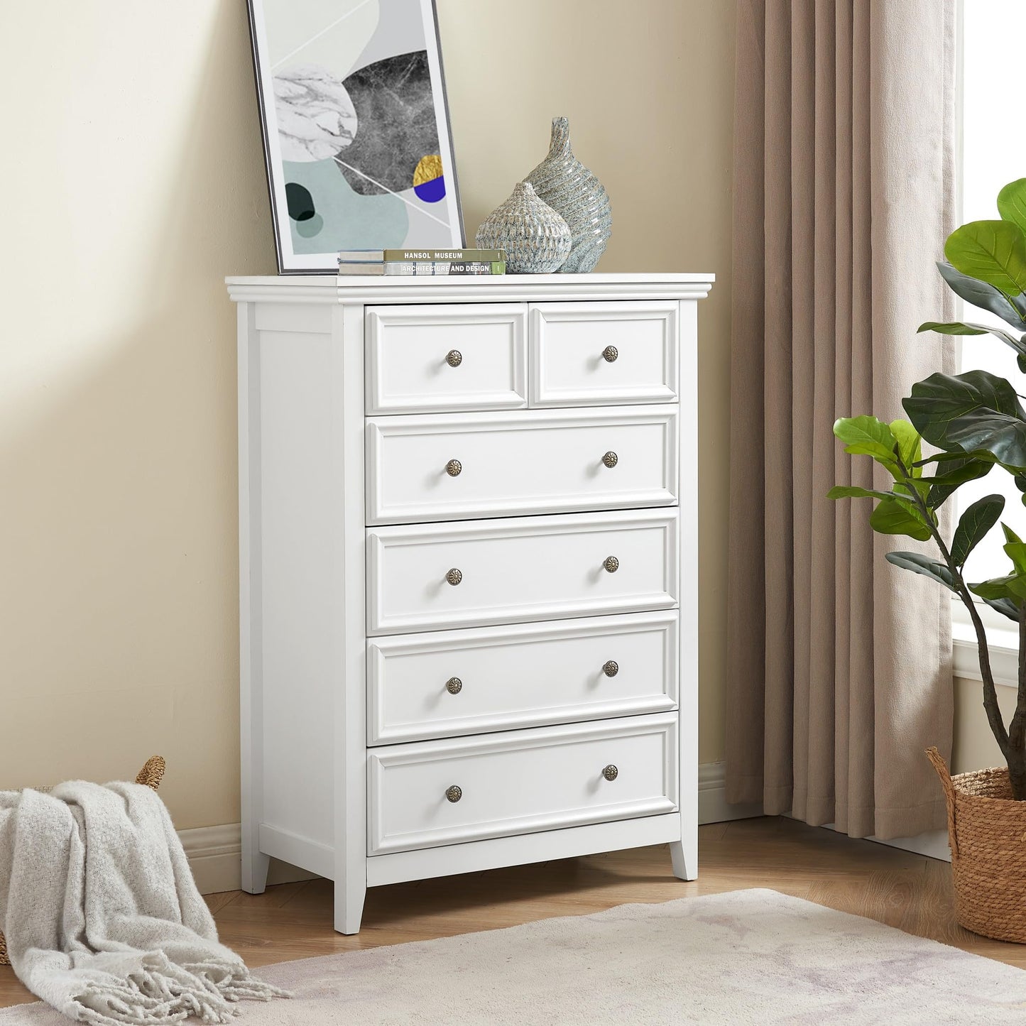 CKEASEAN 6 Drawer Dresser, 44 inch Tall Farmhouse Dresser Nightstand Chest of Drawer, Wooden Storage Cabinet Storage Chest of Drawers for Living Room, Hallway, Entryway (White, 44" H)