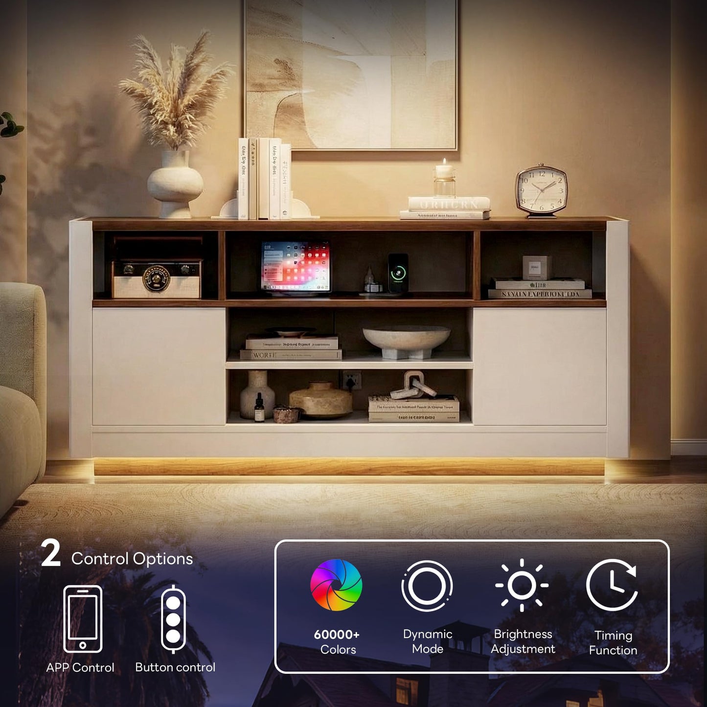 LIKIMIO Modern TV Stand for 70" TV, Entertainment Center with Charging Station & LED Lights, Media Console with Sliding Doors, Open Shelves, Console Table for Living Room and Bedroom