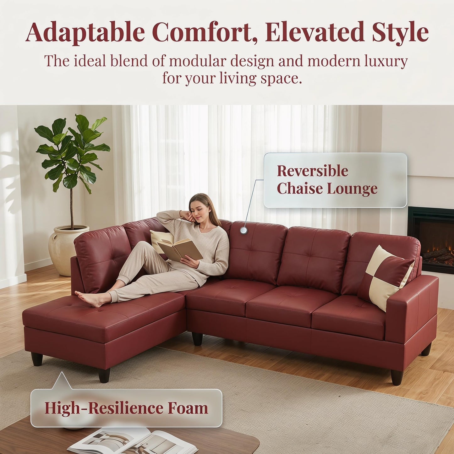 Trygoal L-Shaped Sectional Sofa, Modern 4-Seat Couch with Right Facing Chaise, Leather Sectional Couch for Living Room, Apartment, Office, Dark Red