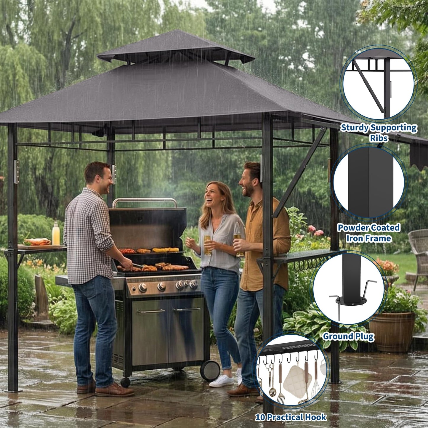8x5 ft Grill Gazebo, Double Tired Outdoor Patio Canopy Tent with Side Awning Shelves, 4 LED Lights,10 Hooks & Bottle Opener,Heavy Duty Steel Frame Grilling Canopy for Patio Backyard Garden Picnic,Grey