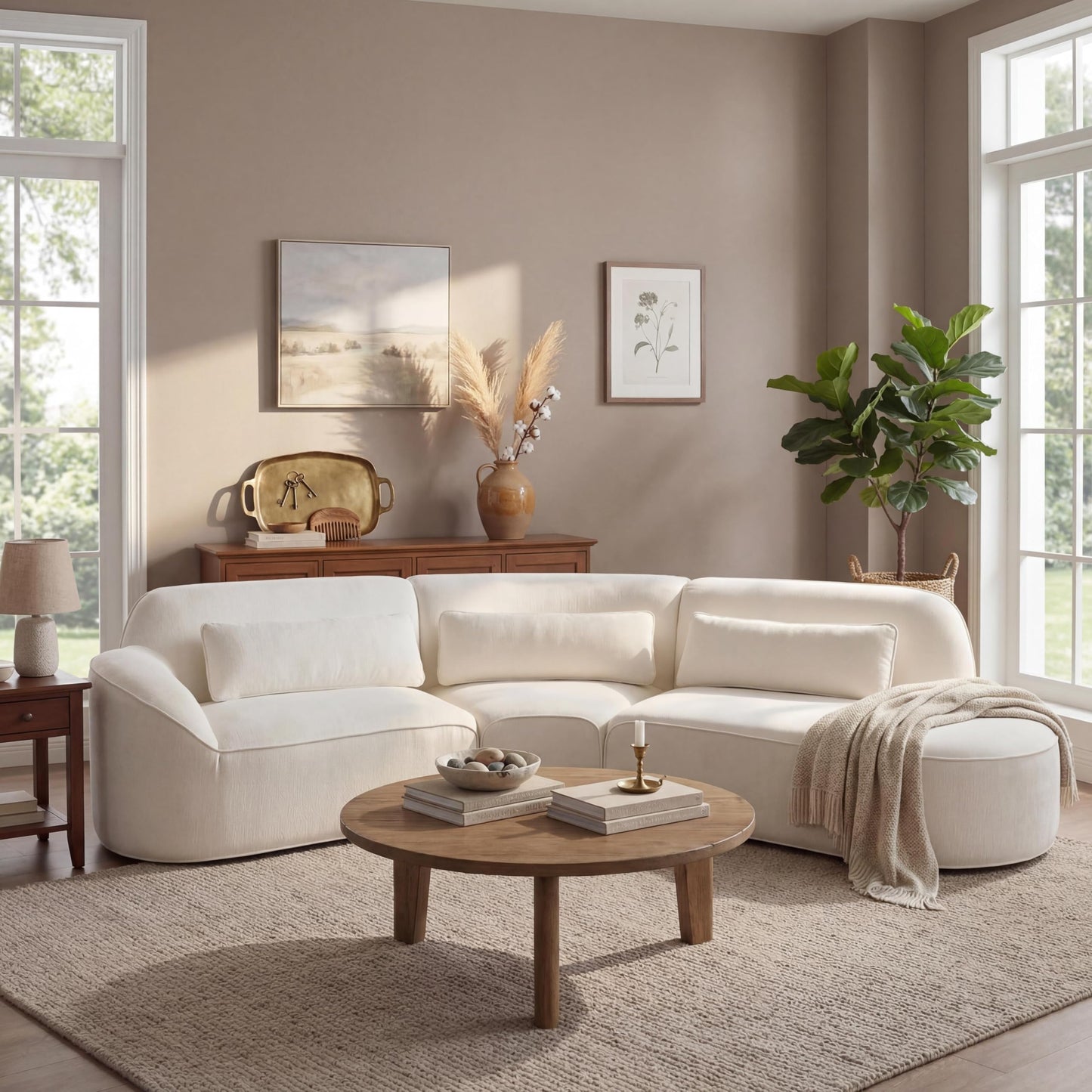 Merax 123.23" Curved Polyester Sectional Sofa Set, Modern Cloud Couch with Chaise Lounge & 3 Pillows & Right Hand Facing, High-Density Fully Compressed Sponge, Fully Assembled for Living Room, Beige