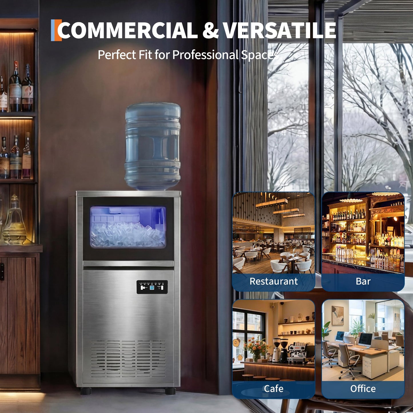 Commercial Ice Maker Machine 120lbs/24h, 36lbs Storage Capacity,Dual Water Inlet Mode,Built-in/Freestanding/Under Counter Ice Maker with Self-Cleaning, ETL Certified for Home Bar Restaurant