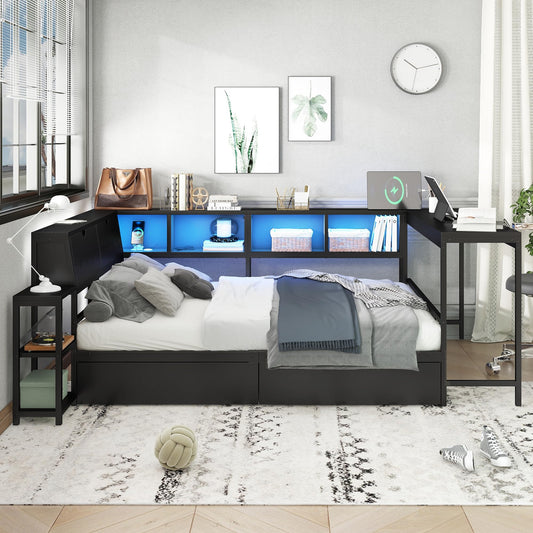 Bellemave Full Size Corner Bed Frame with Desk and Storage Drawers,Full Metal Platform Corner Bed Frame with Charging Station and LED Lights, Full Daybed for Kids Teens Guests,Black