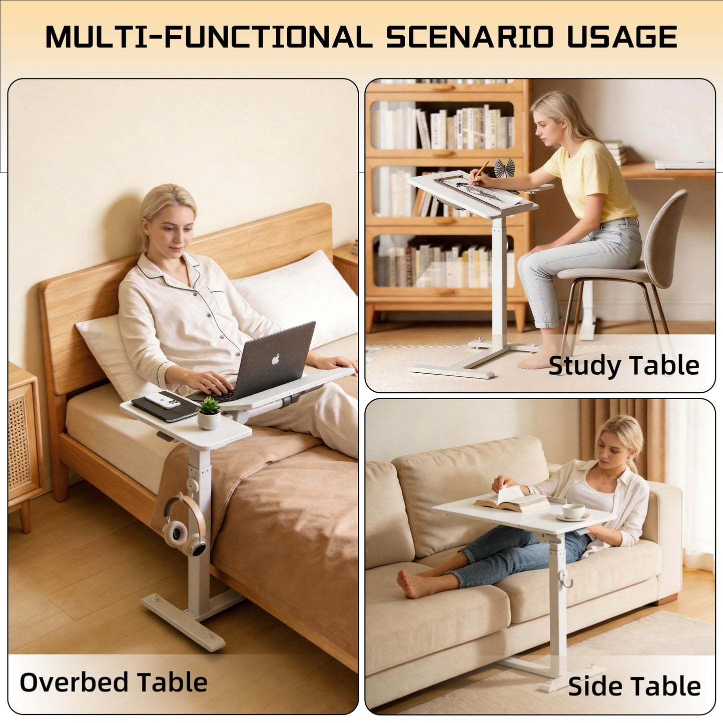 ETHU Foldable Overbed Table with Wheels, Rolling Laptop Standing Desk with Height Adjustable 26.77”-42.51” & Tilting Desktop, Mobile Work Desk for Bedside, Sofa and Home Office Use, White
