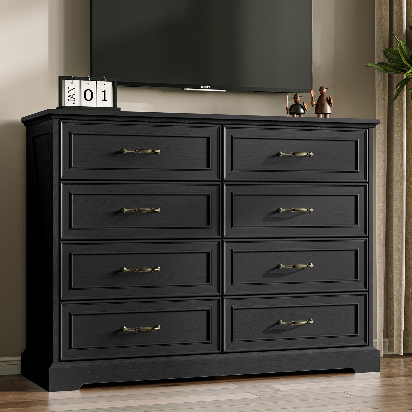 Farmhouse 8 Drawers Dresser for Bedroom, 48" Wide Modern Chest of Drawers with Deep Drawers & Bar Handles, Wood Dresser TV Stand, Wooden Rustic Closet Storage Organizer for Living Room, Hallway, Black