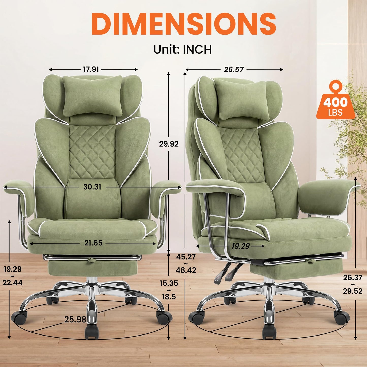 NEO Chair Big and Tall Offie Chair Gaming Computer Chair High Back Heavy Duty Desk Chai with Lumbar Support Adjustable Recliner Footrest Wide Seat Fabric Executive Home with Wheels (Fabric Green)