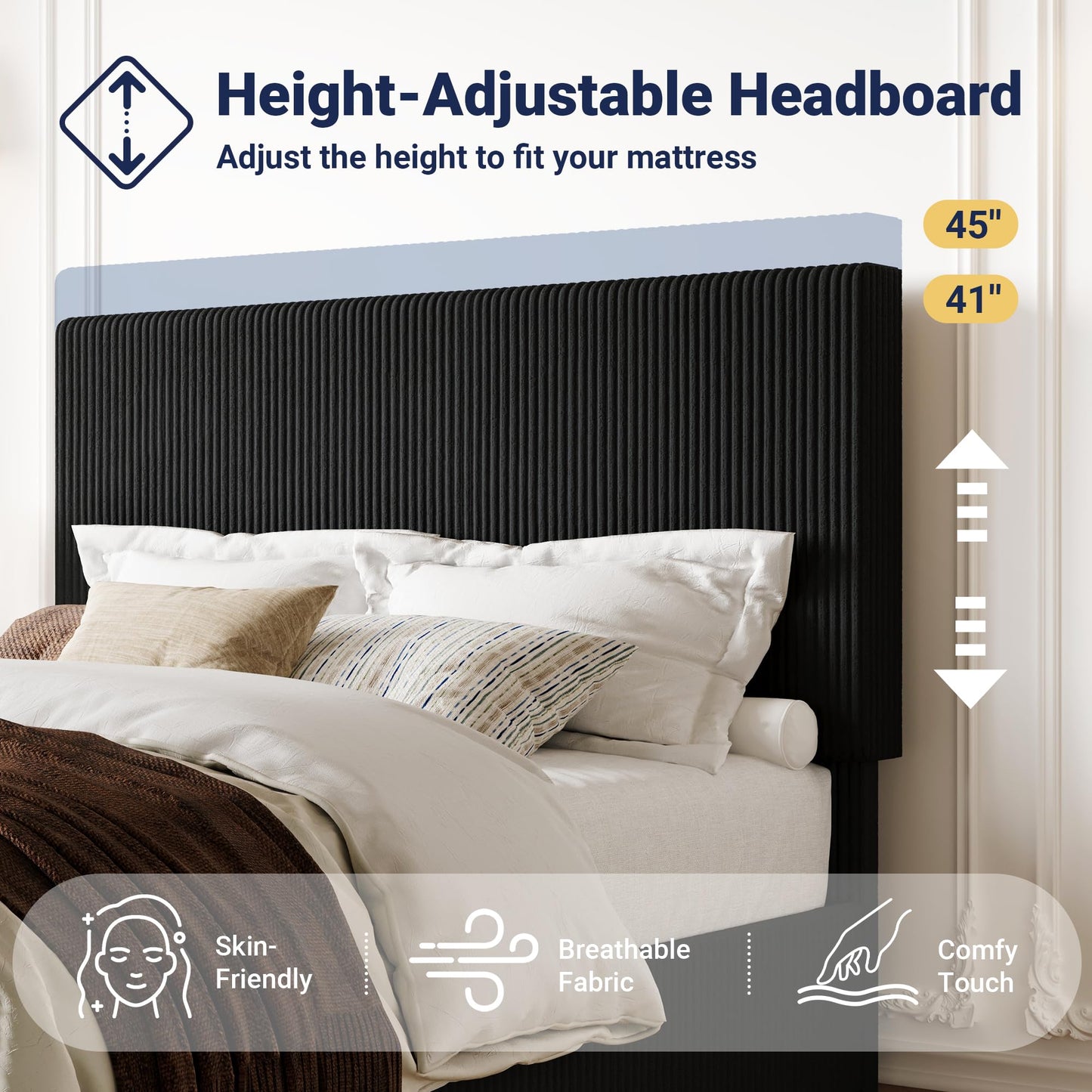 Allewie Queen Bed Frame, Upholstered Platform Bed, Adjustable Vertical Channel Tufted Headboard, Corduroy Fabric, Modern Low Profile, Wooden Slats, No Box Spring Needed, Easy Assembly, Black