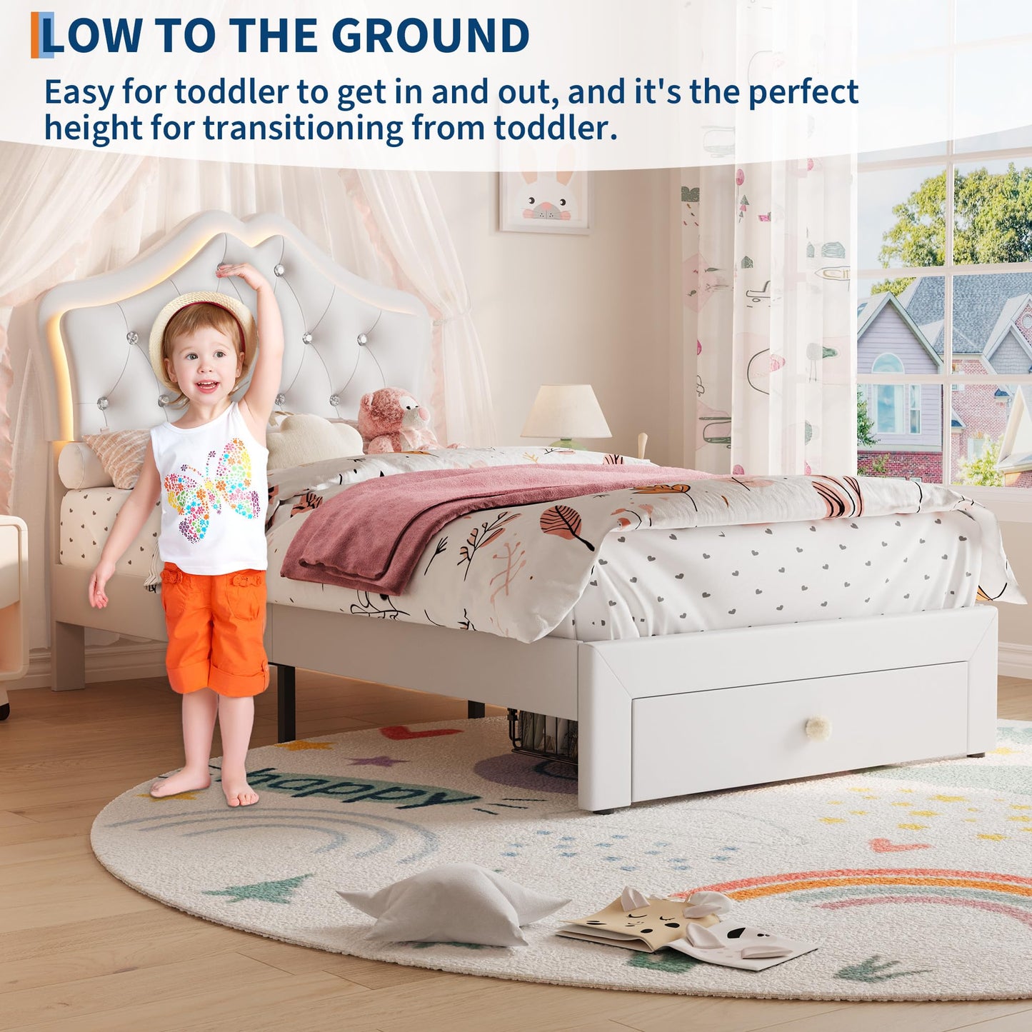 BouPower Twin Size Bed Frame for Girls with Storage Drawers & LED Lights, Upholstered Platform Bed, Velvet Crystal Button Princess Bed, Noise-Free Slats, No Box Spring Needed for Kids, Teens, White