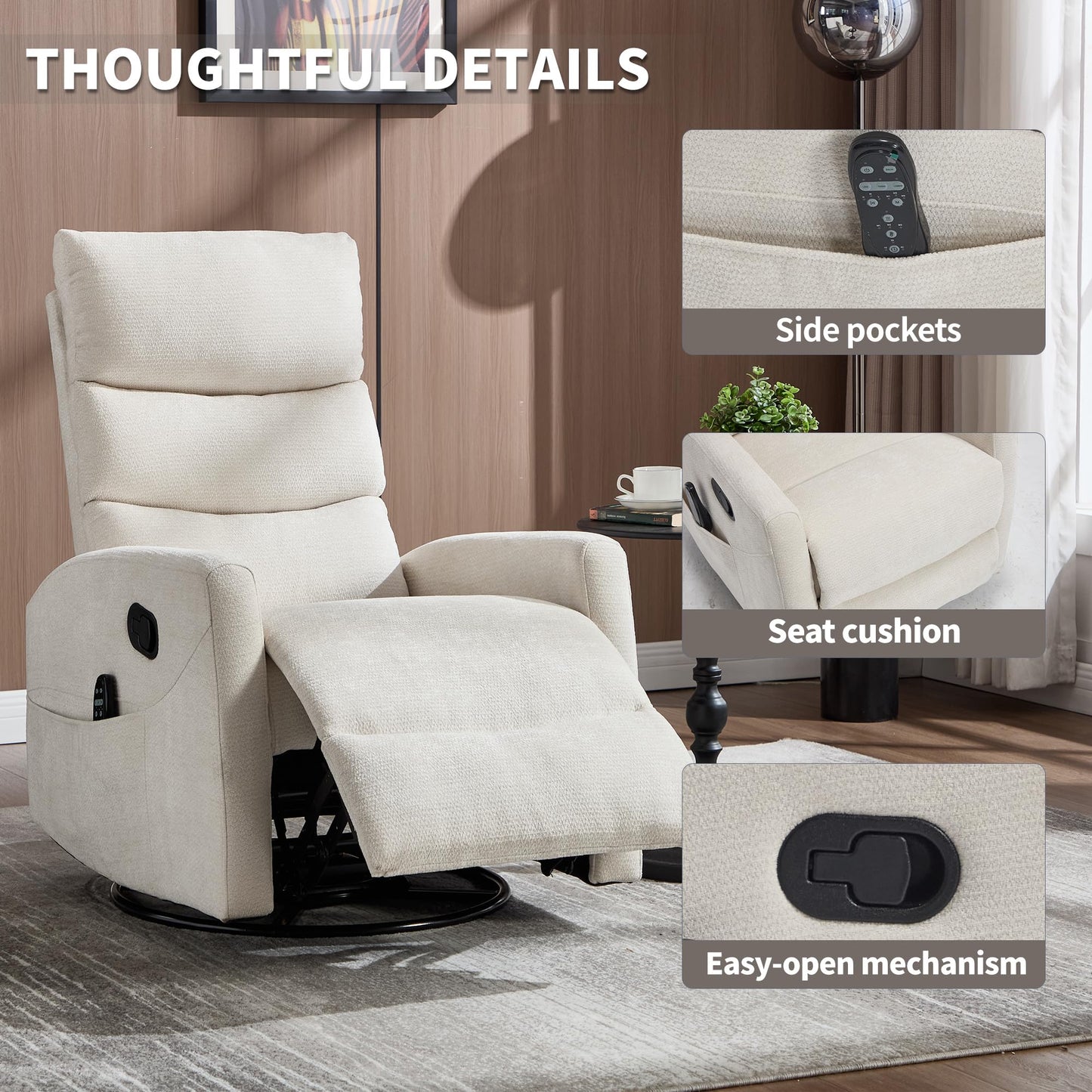 KEIKI Heat Massage Manual Recliner Chair, 360° Swivel Rocker with Lumbar Heat, Chenille Fabric Square Arms, Ergonomic Cushion Back Design, Gentle Rocking Motion for Adult Living Space, Beige