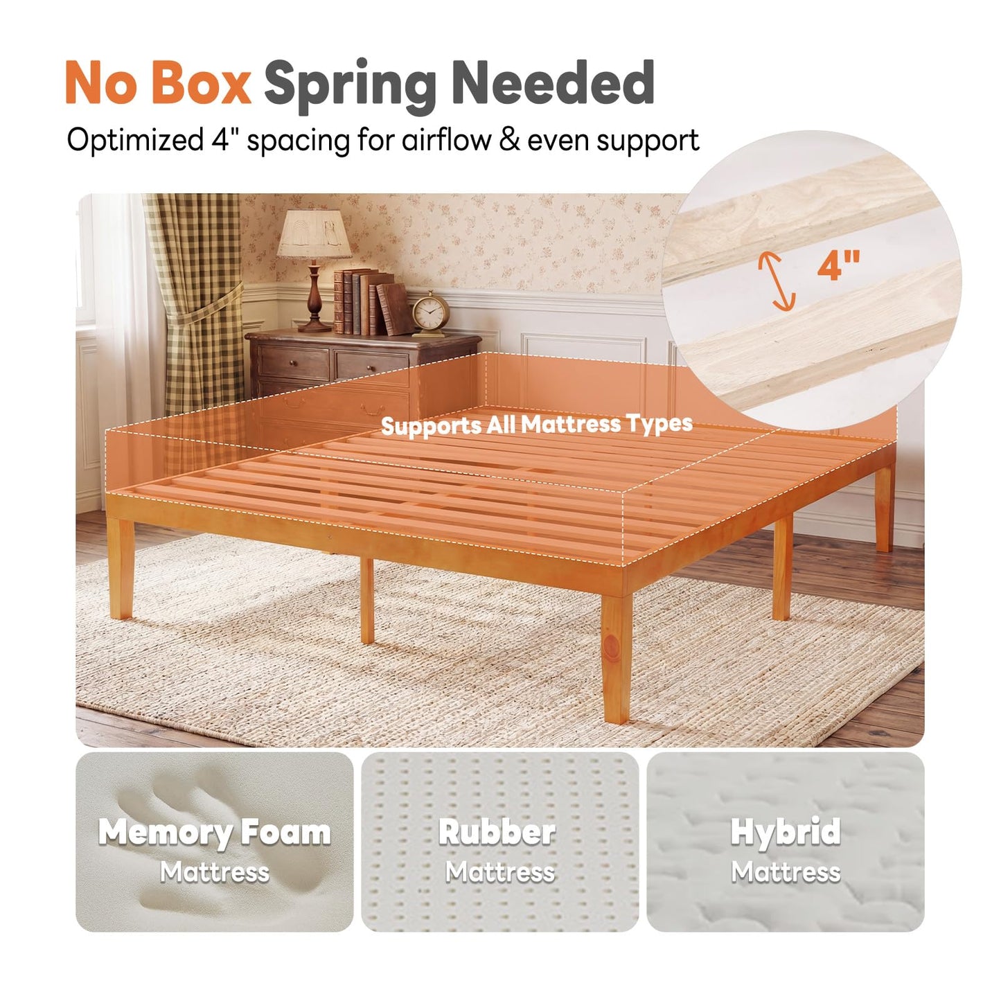 Sweetcrispy King Size Bed Frame 16 inch Heavy Duty Platform Bedframe, 1000 lbs Capacity, Underbed Storage, No Box Spring Needed, Wooden Slats, Easy Assembly with Velcro, Honey Finish