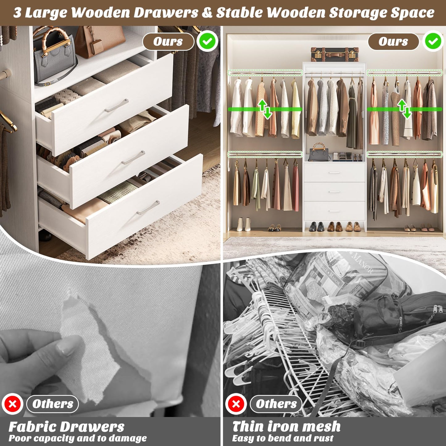 Aheaplus Closet System, Closet Organizer with 3 Wooden Drawers, Closet Organizer System, Walk-in Closet Wardrobe Clothes Rack with 4 Hanging Rods, Garment Rack, -4R, White
