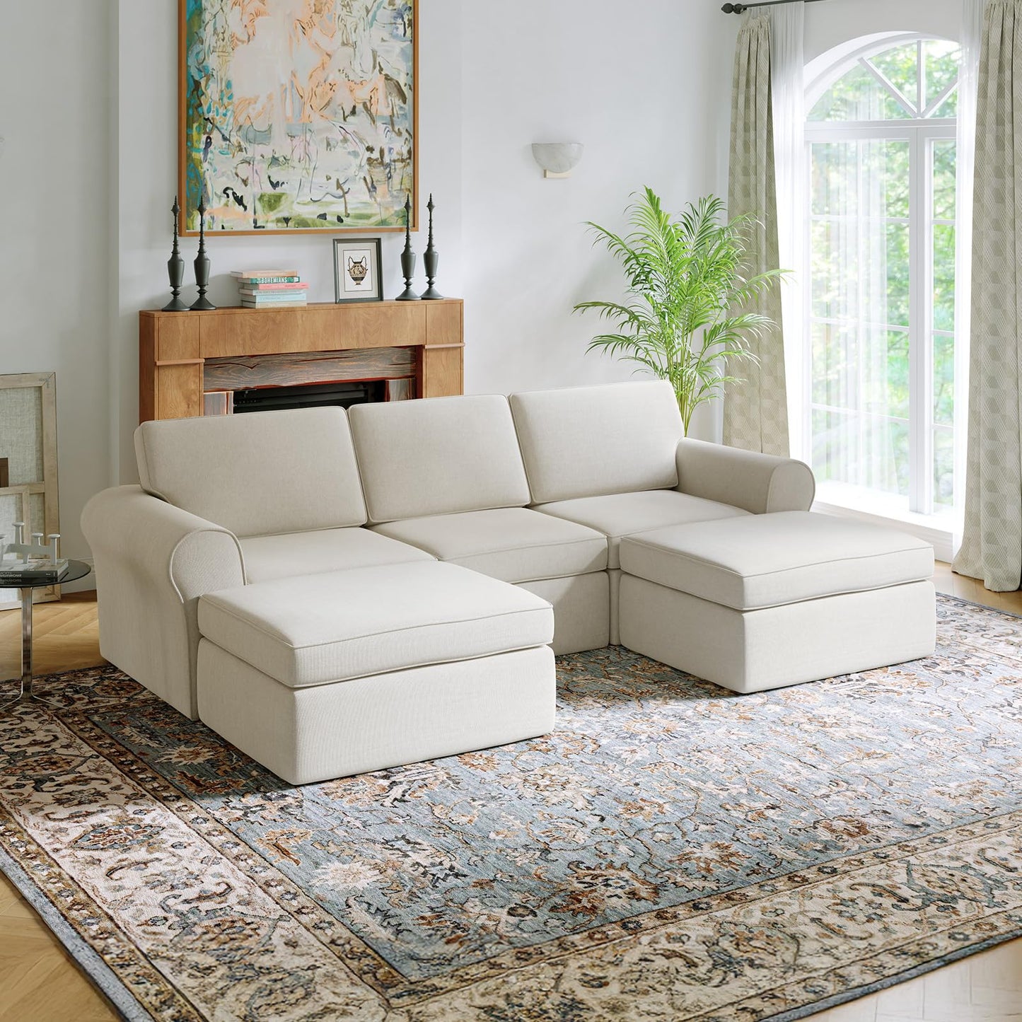 Novilla 108" Modular Sectional Sofa, Modular Sectional Couches for Living Room, Chenille Removable Cover Boneless Couch with Smarts Coil® Support U-Shaped Couch(Beige, 3 Seater + 2 Ottoman)