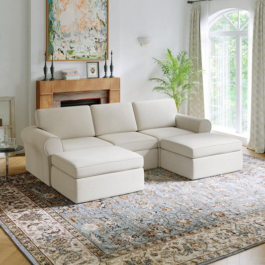 Novilla 108" Modular Sectional Sofa, Modular Sectional Couches for Living Room, Chenille Removable Cover Boneless Couch with Smarts Coil® Support U-Shaped Couch(Beige, 3 Seater + 2 Ottoman)