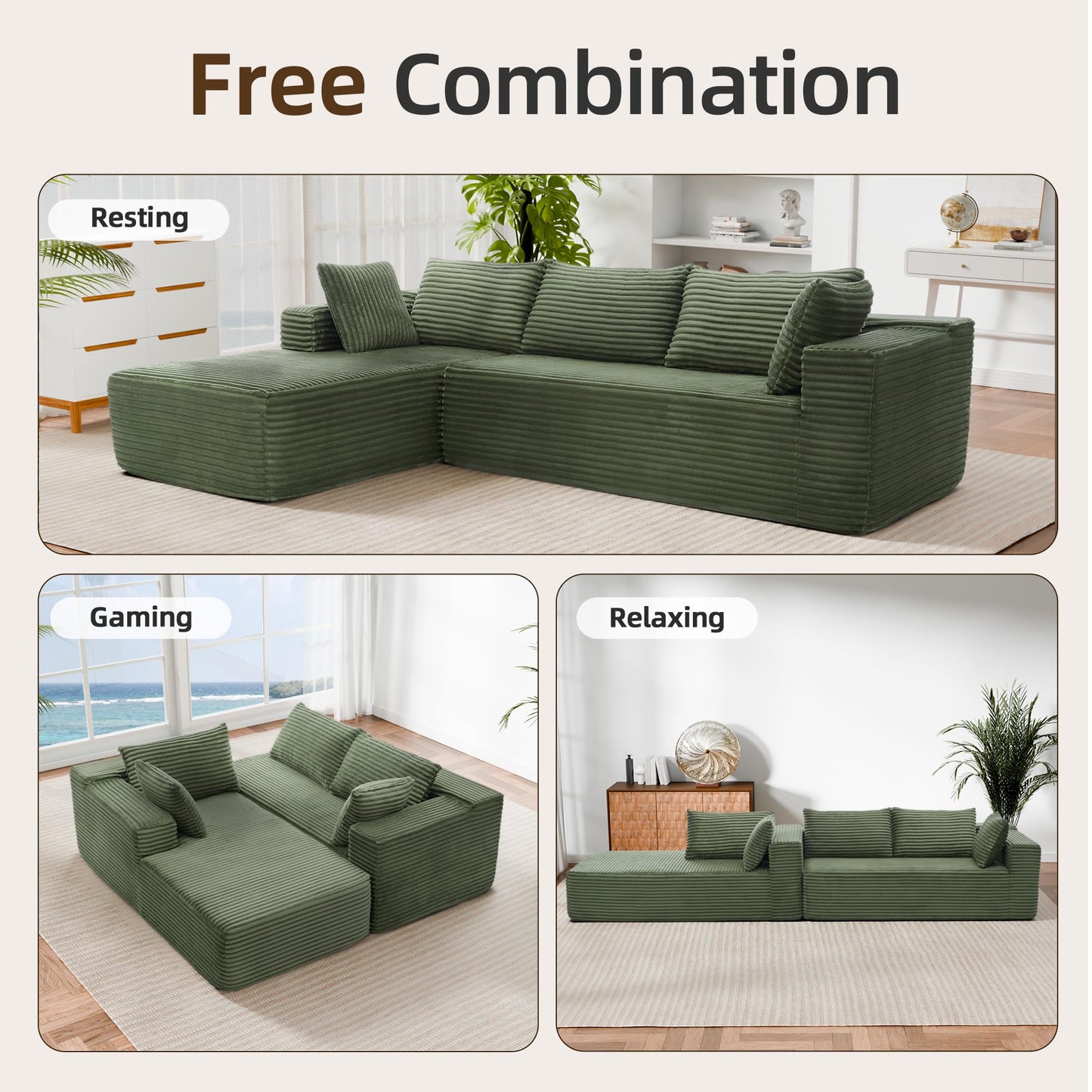 Topcomfy 106” Modular Sectional Sofa, Cloud Sectional Couch with High-Density Memory Foam, L-Shaped Boneless Sofa for Living Room, Pet-Friendly Corduroy Modular Couch, No Assembly Required Green