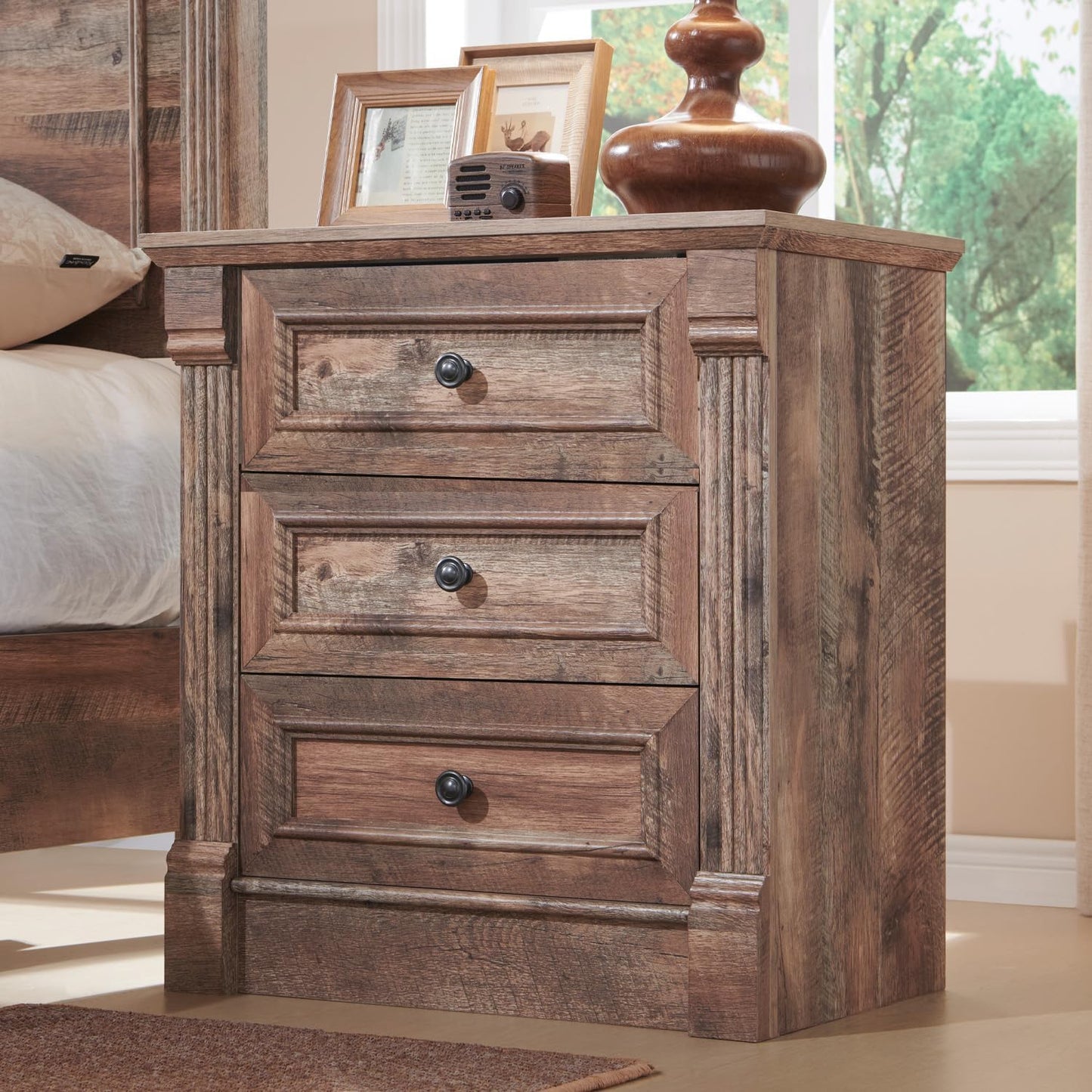Aitjunz 26" Tall Farmhouse Nightstand, 3 Drawers End Table w/Charging Station, 23.6" Wide Large Side Table w/Roman Column, Wood Rustic Sofa Table for Bedroom, Light Brown