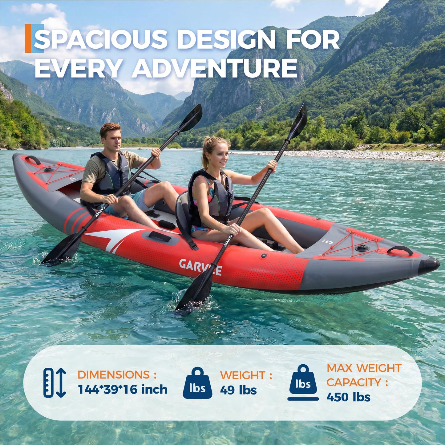 Portable Inflatable Kayak, 2 Person Tandem Recreational Kayak, Kayak Set for Adults and Kids with Paddle, Seat, Pedal, Hand Pump and Bag, Red and Grey Fishing & Touring Kayaks for Beginners