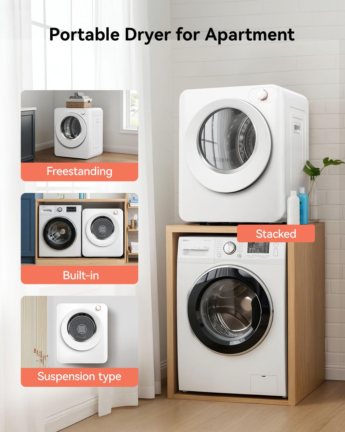 Euhomy Portable Clothes Dryer, 1.5 Cu.Ft. Portable Dryer, 850W Drying Machine with Front-Loading Stainless Steel Drum, 5 Functions, Suitable for Apartments, Dorms, RVs, Small Spaces