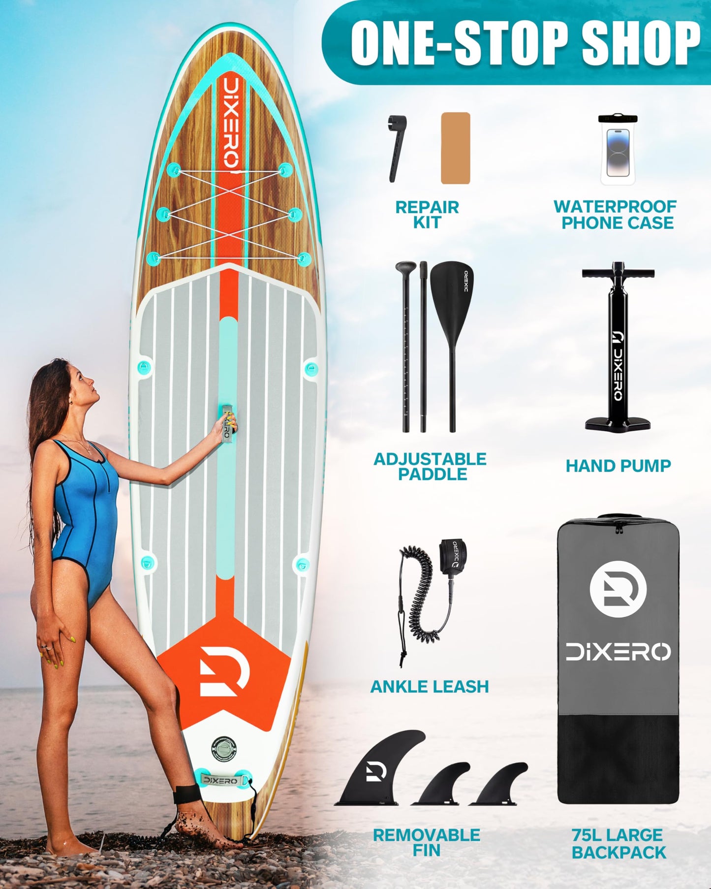 Dixero Inflatable Stand Up Paddle Board with SUP Accessories, Anti-Slip EVA Deck, 11'*33" Inflatable Paddle Boards for Adults & Youth of All Skill Levels