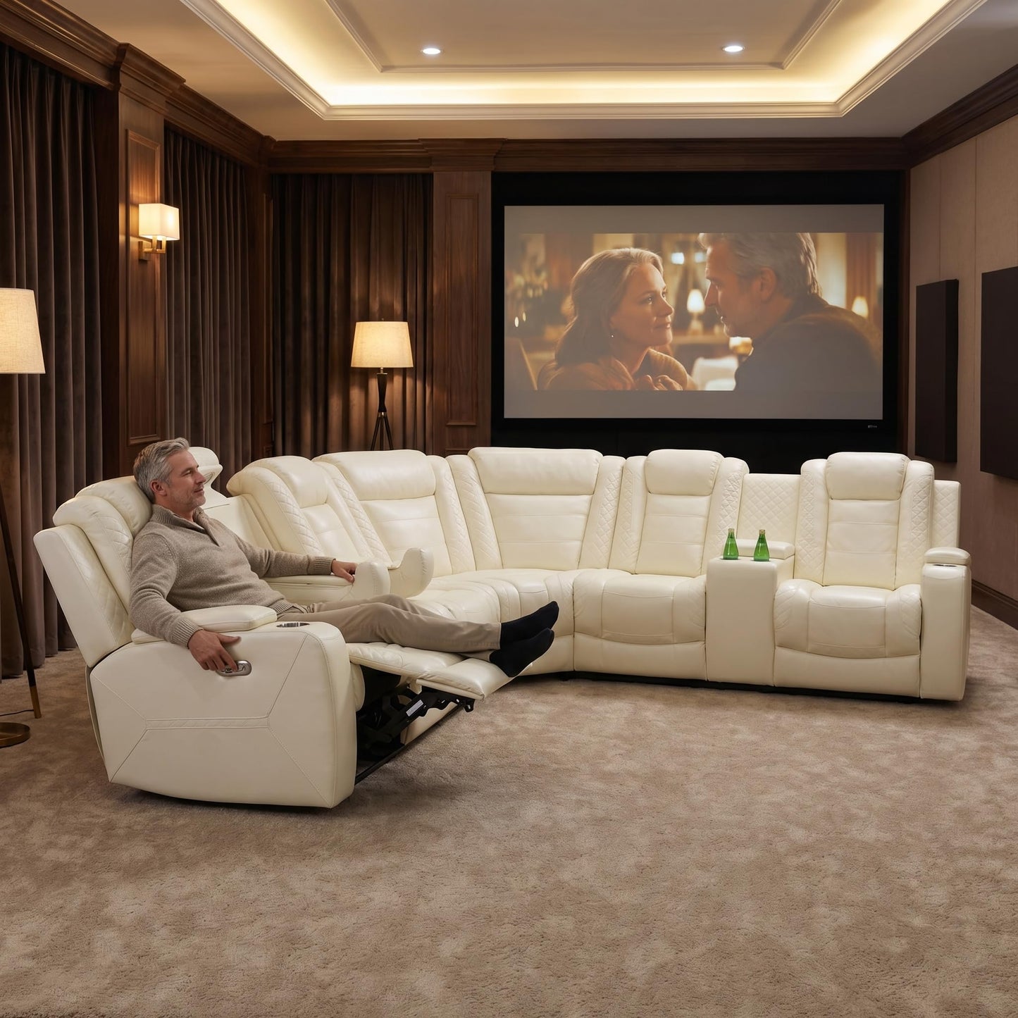Trygoal Power Reclining Sectional Sofa Set, Modern L-Shaped Couch with Recliner, 4 Seat Power Reclining Sofa, Reclining Sectional Couches for Living Room, Home, Office, Leather, Off-White
