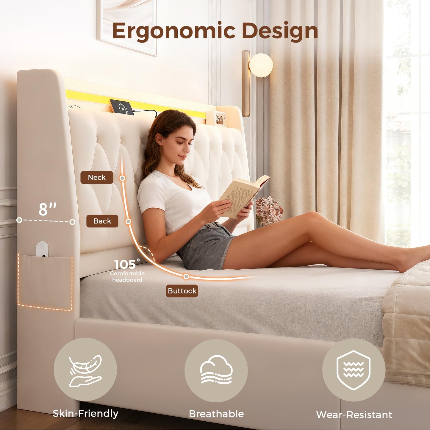 Full LED Velvet Bed Frame with 2 Storage Drawers&Hidden Headboard, Upholstered Platform Bed with Charging Station&Button Tufted Design, Wooden Slats Support, Box Spring Optional, Easy Assembly, Beige
