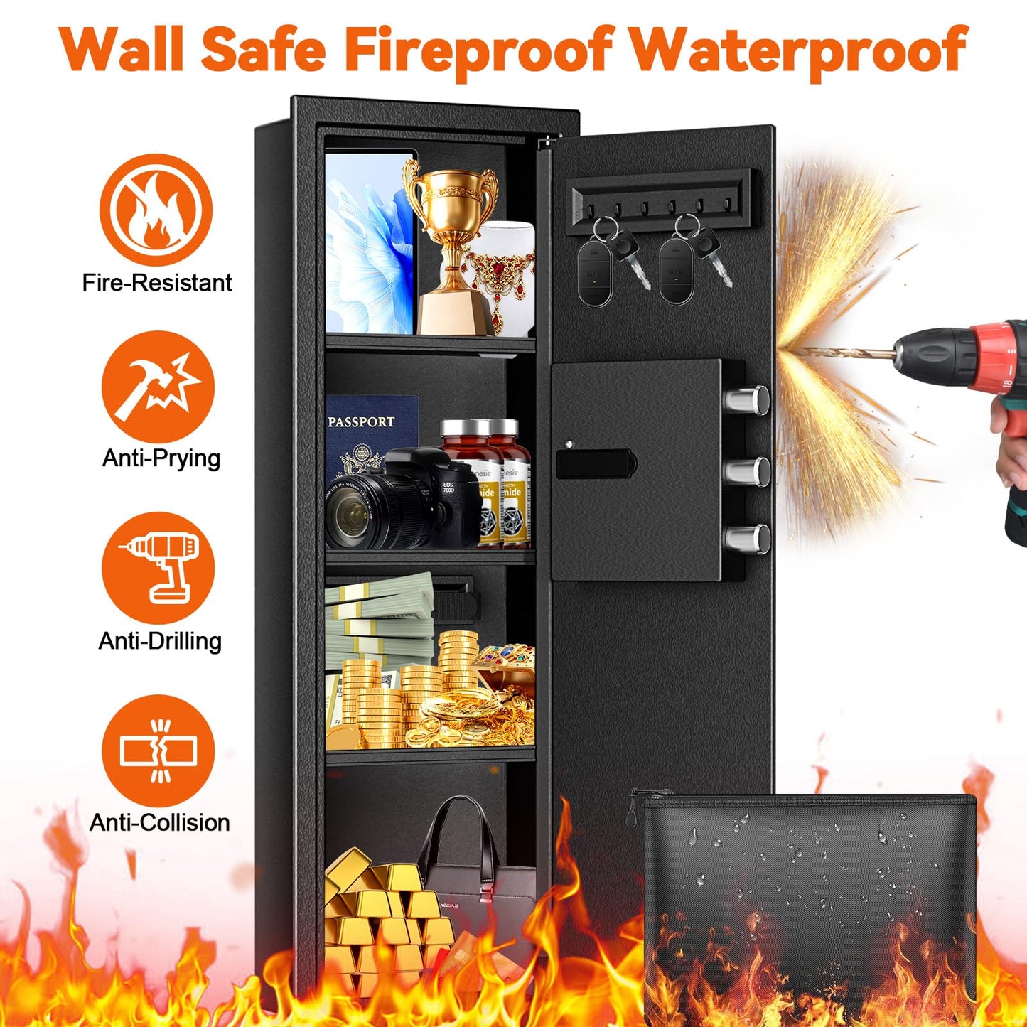 Heavy Duty Fireproof Wall Safes Between the Studs, Extra Large Fire Security Wall Safe with Digital Keypad lock and 3 Removable Shelf, Wall Rifle Safe Fireproof for Home, Gun, Cash, Documents, Jewelry