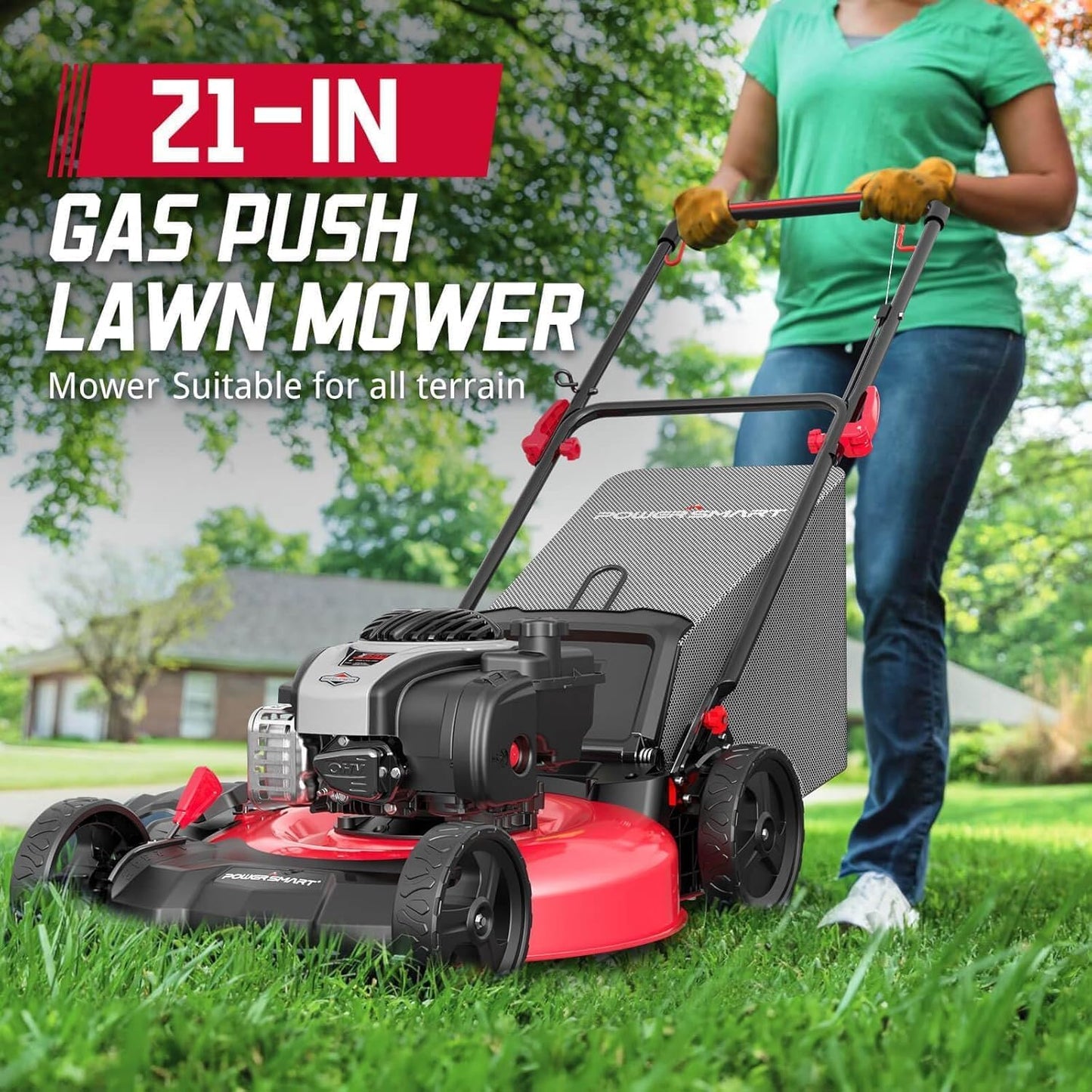 PowerSmart 21" 3-in-1 Gas Push Lawn Mower with 140cc 4-Stroke Engine - Wide Cutting Deck, 6 Height Adjustments, Mulching Capability