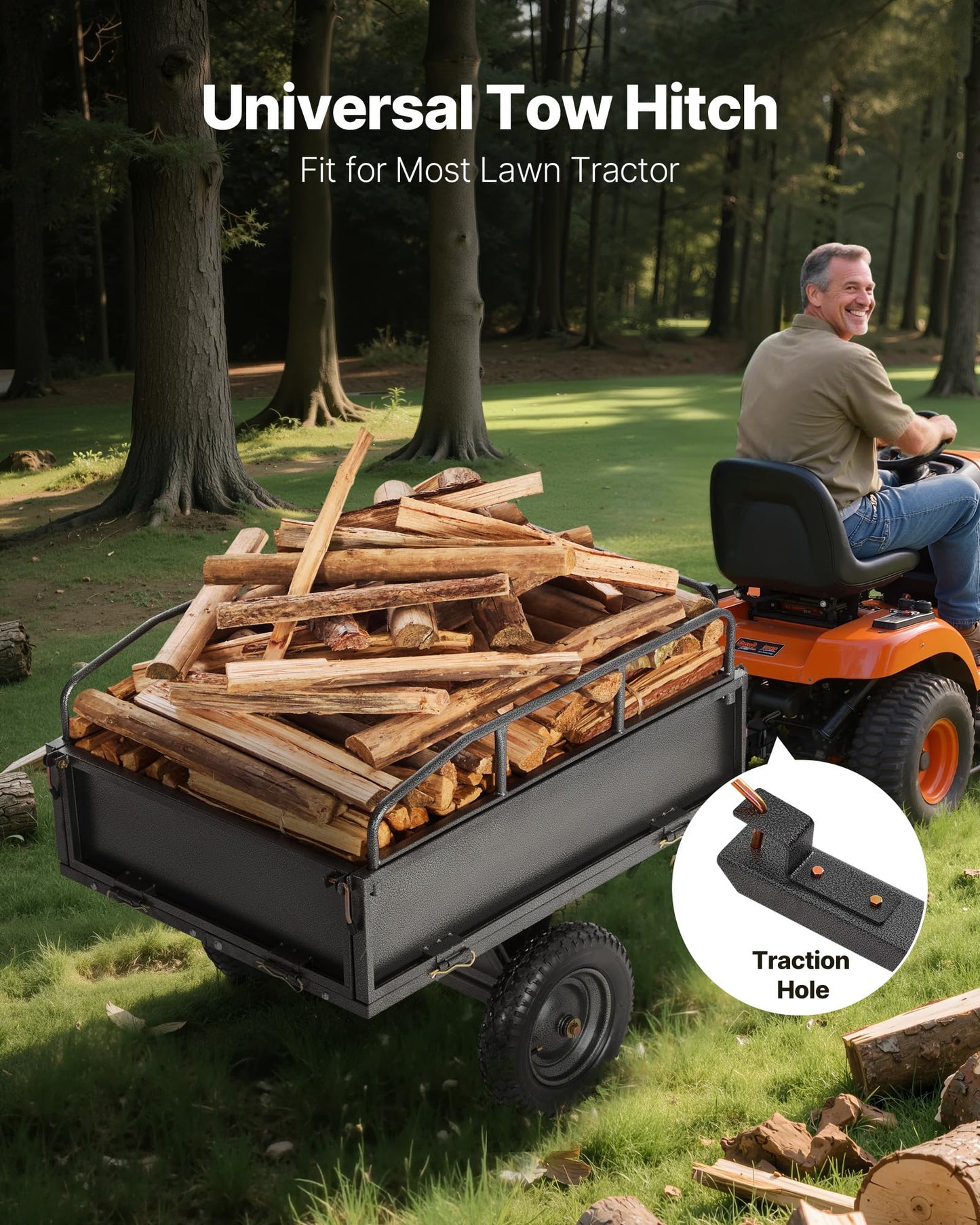 VEVOR 10 Cu.Ft. & 500lbs ATV Trailer Dump Cart Tow Behind, Heavy Duty Utility UTV Trailer, Tow Behind Steel Yard Dump Wagon Cart with 14" Tires for Lawn Mower Tractor