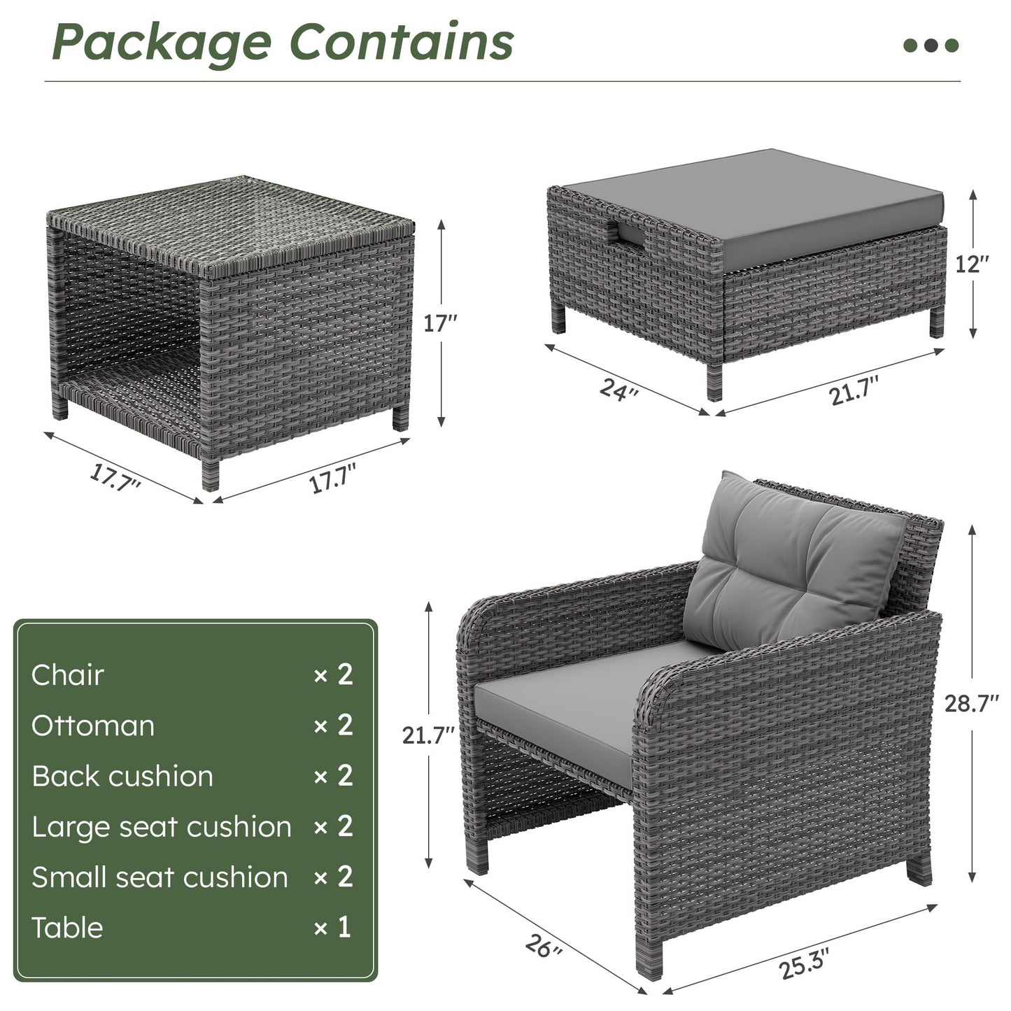 LHBcraft Balcony Furniture 5 Piece Patio Chairs Conversation Set, PE Wicker Rattan Outdoor Lounge Chairs with Soft Cushions 2 Ottoman-Glass Table for Porch, Charcoal