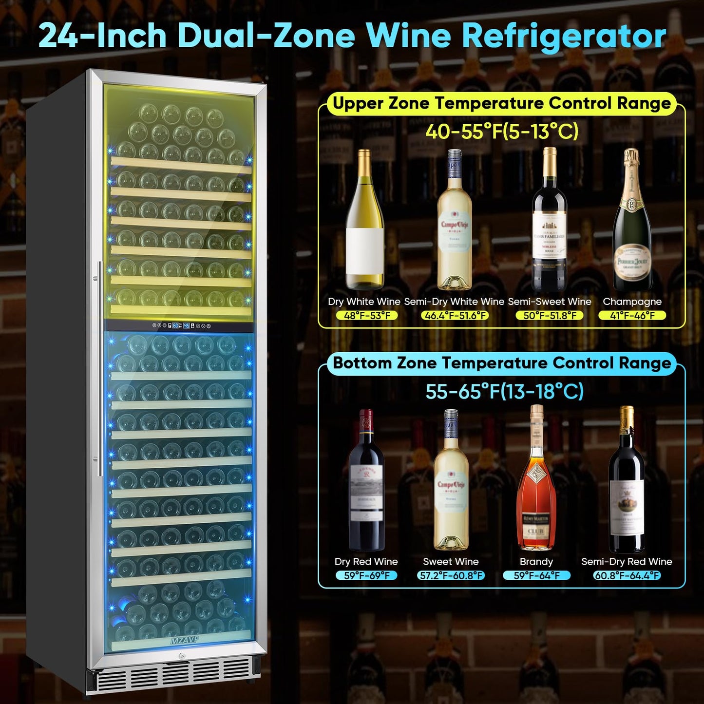 MZAVP 200 Bottle Wine Fridge Dual Zone, 24 Inch Wine Cooler Refrigerator Freestanding or Built-in, Professional Wine Cellar with Advanced Temperature Control and Compressor Cooling, Quiet Operation