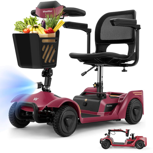 2026 New 4-Wheel Foldable Electric Mobility Scooter, Heavy Duty Portable Travel Scooter with NFC Keyless Unlock, 15 Miles Long Range, Removable Battery, Digital Display, 300 Lbs Weight Capacity, Red