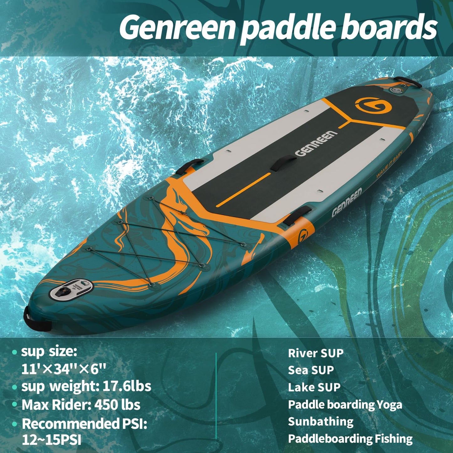 GENREEN Paddle Board sup Stand up Paddle Board Newly Improved 2 Side Layers 450LBS Quality Inspection×5 11'×34''×6'' for JP customers paddleboards Fishing Family Pet Friendly (Forest Green)
