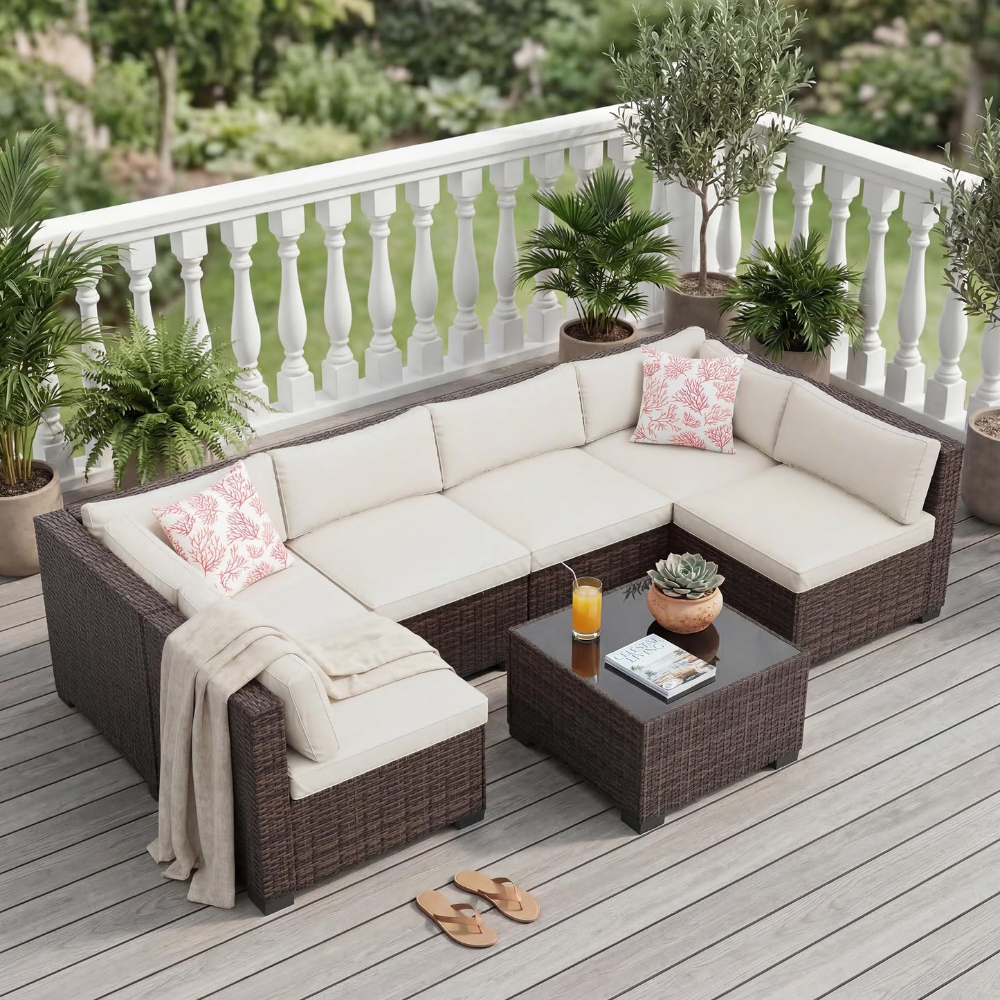 GarveeHome 7-Piece Modular Outdoor Patio Set, Sectional Rattan Wicker Sofa with Water-Resistant & Washable Thick Beige Cushions, Includes Coffee Table, Brown Frame for Garden, Deck, Poolside