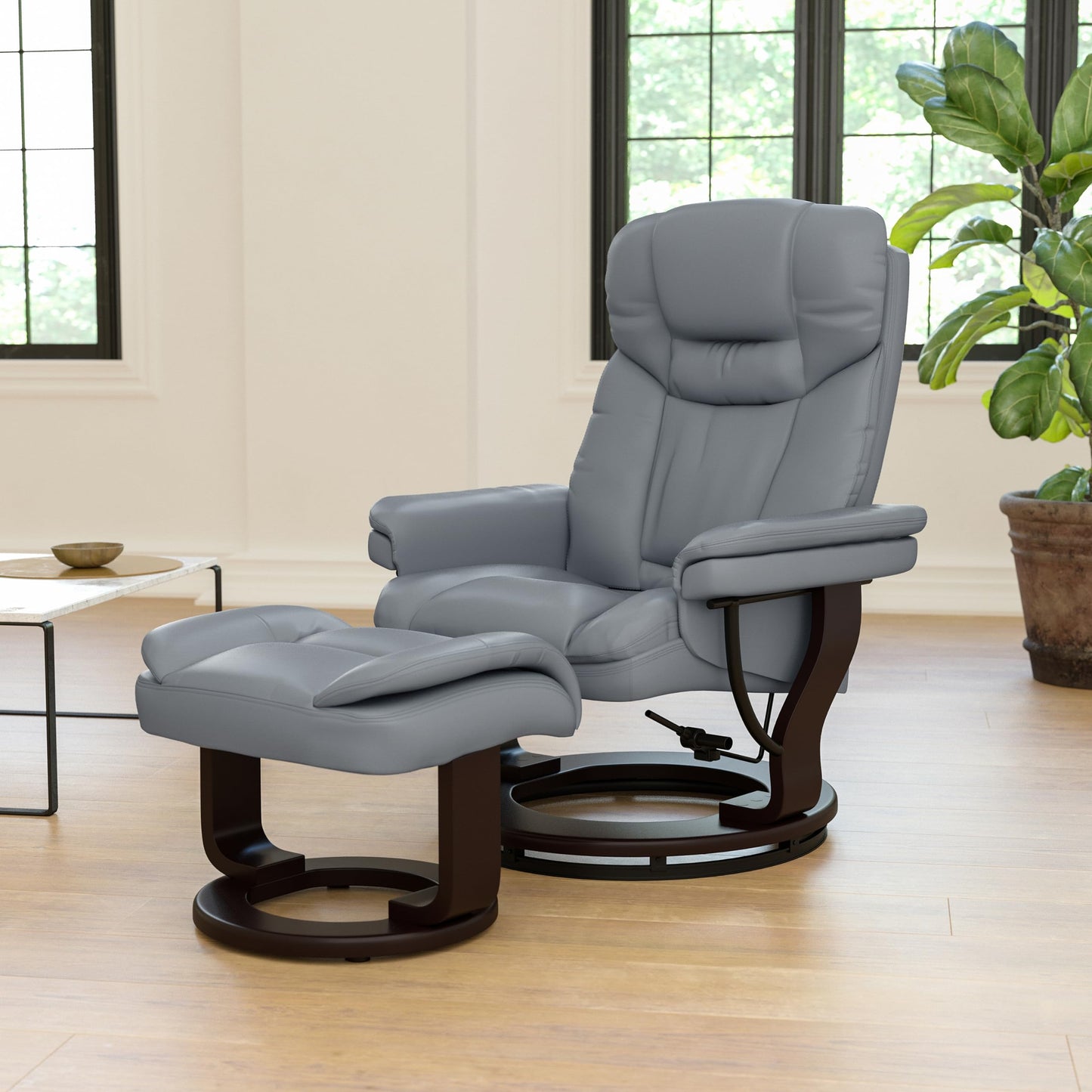 Flash Furniture Allie Contemporary Multi-Position Recliner and Curved Ottoman with Swivel Mahogany Wood Base in Gray LeatherSoft