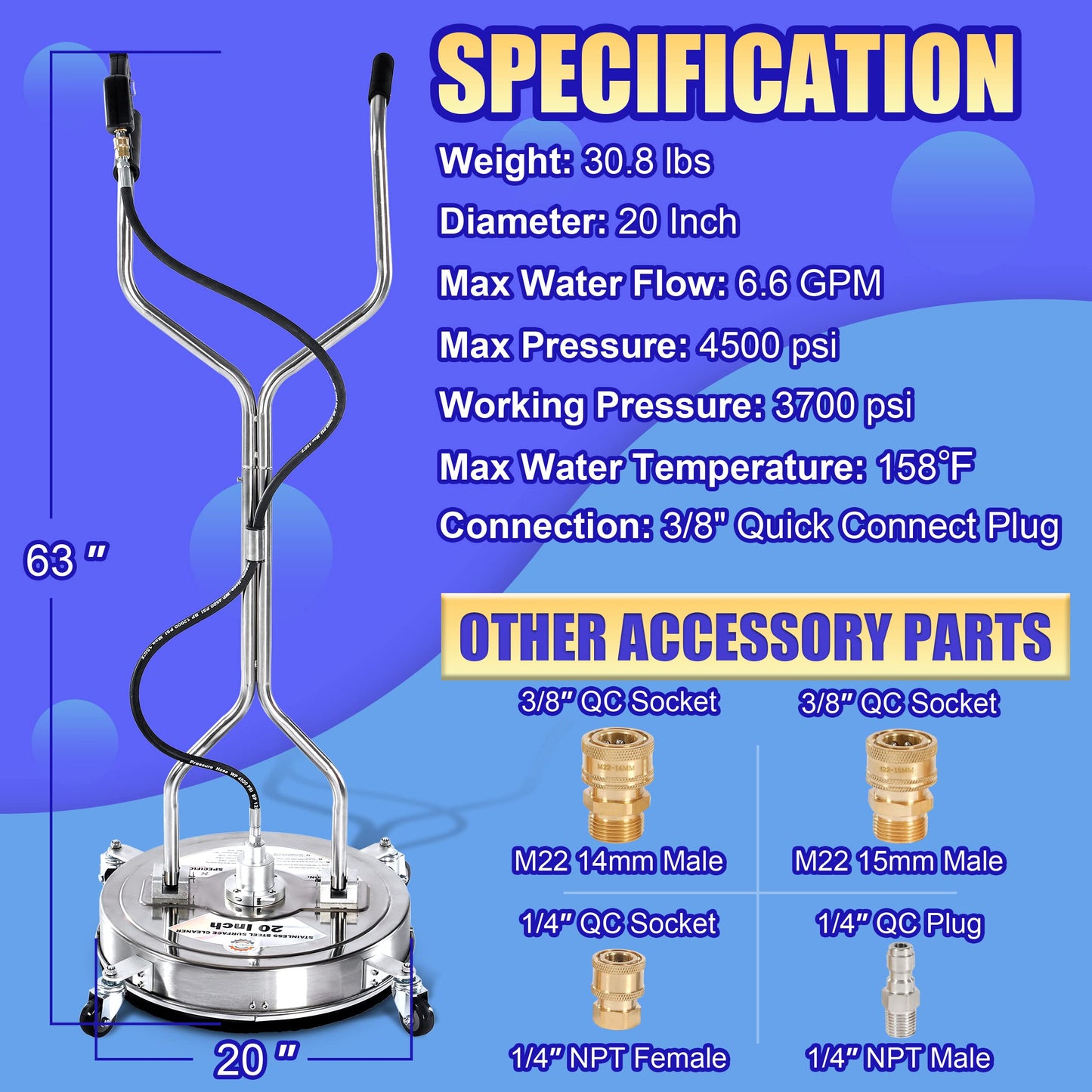 PWACCS 20" Pressure Washer Surface Cleaner with Wheels, Stainless Steel