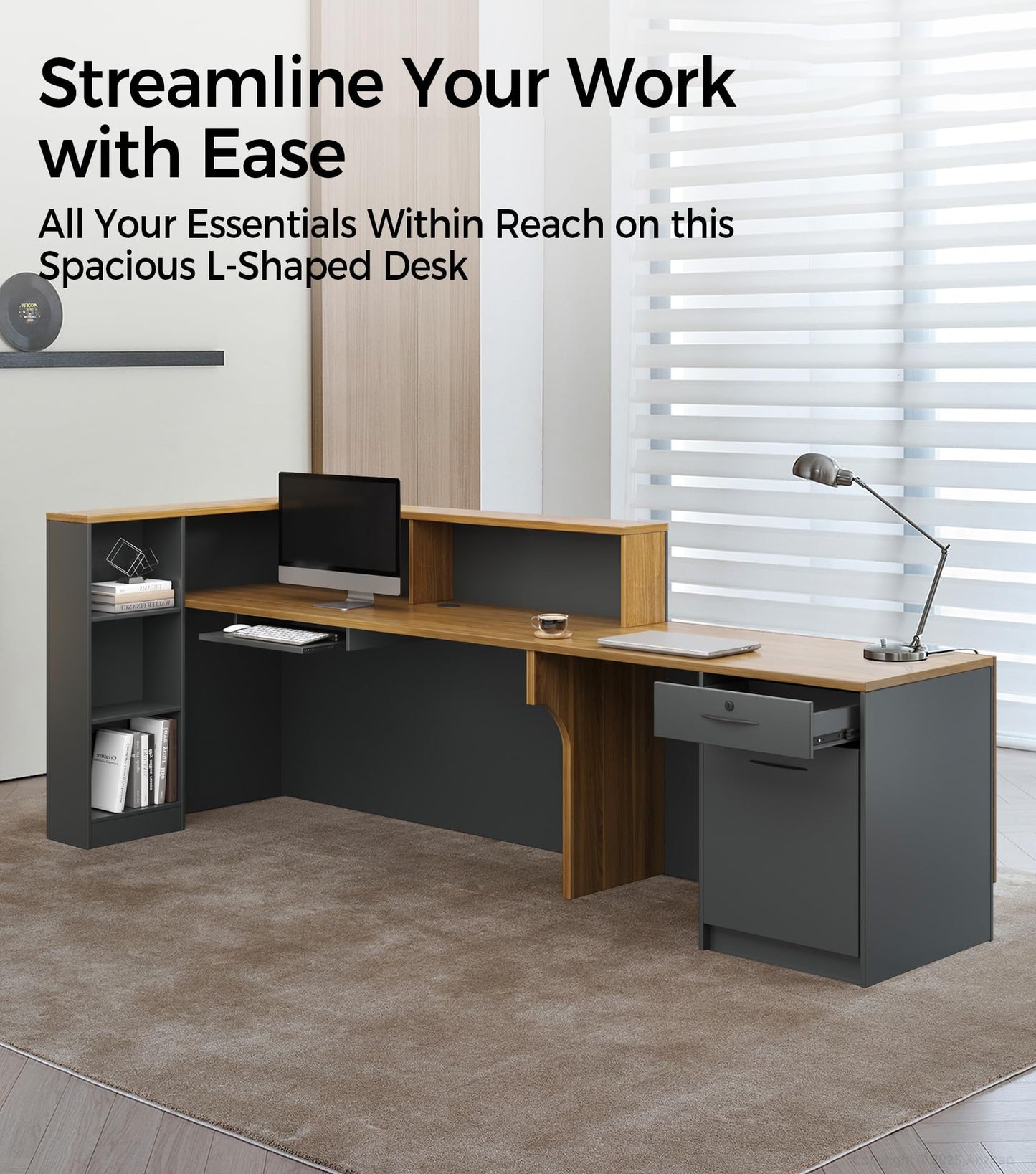 Modern L-Shaped Reception Desk with Counter - 87 inch Front Desk with Storage Cabinet, Open Shelves, Lockable Drawer & Keyboard Tray for Office, Lobby, Checkout (Dark Walnut & Iron Gray - Left)
