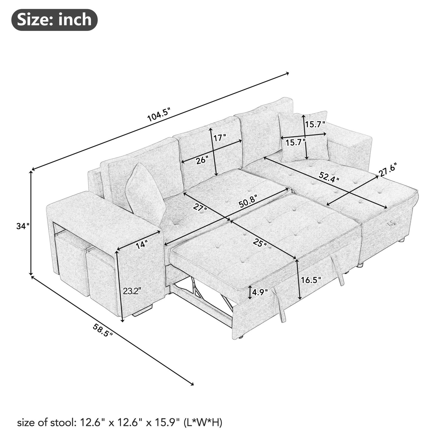 Eafurn 104.5" Reversible Sleeper Sectional Sofa Bed, Tufted L Shaped Convertible Pull Out Sectional Sofa Bed with Storage Chaise Lounge and 2 Stools for Living Room Apartment