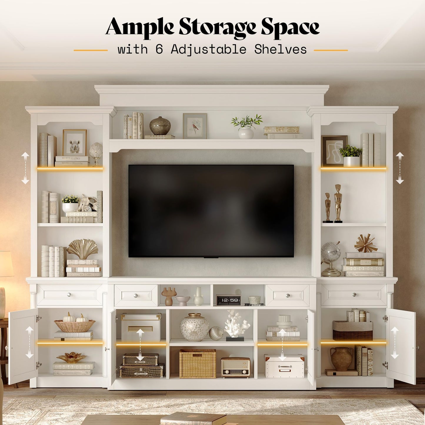 AMERLIFE 102.8" Wall Unit Entertainment Center with Bookshelves for TVs up to 65", Multifunctional TV Stand Media Console with Cabinet & Storage Drawer & Adjustable Shelf for Living Room,White