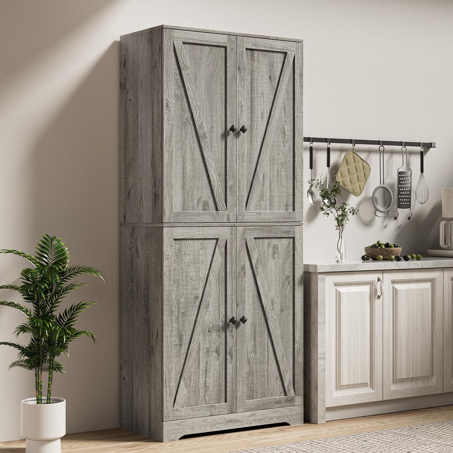 LYNSOM Farmhouse Storage Cabinet 72" Tall, Kitchen Pantry Cabinet with 4 Barn Doors and Adjustable Shelves, Freestanding Storage Cabinets for Kitchen, Grey