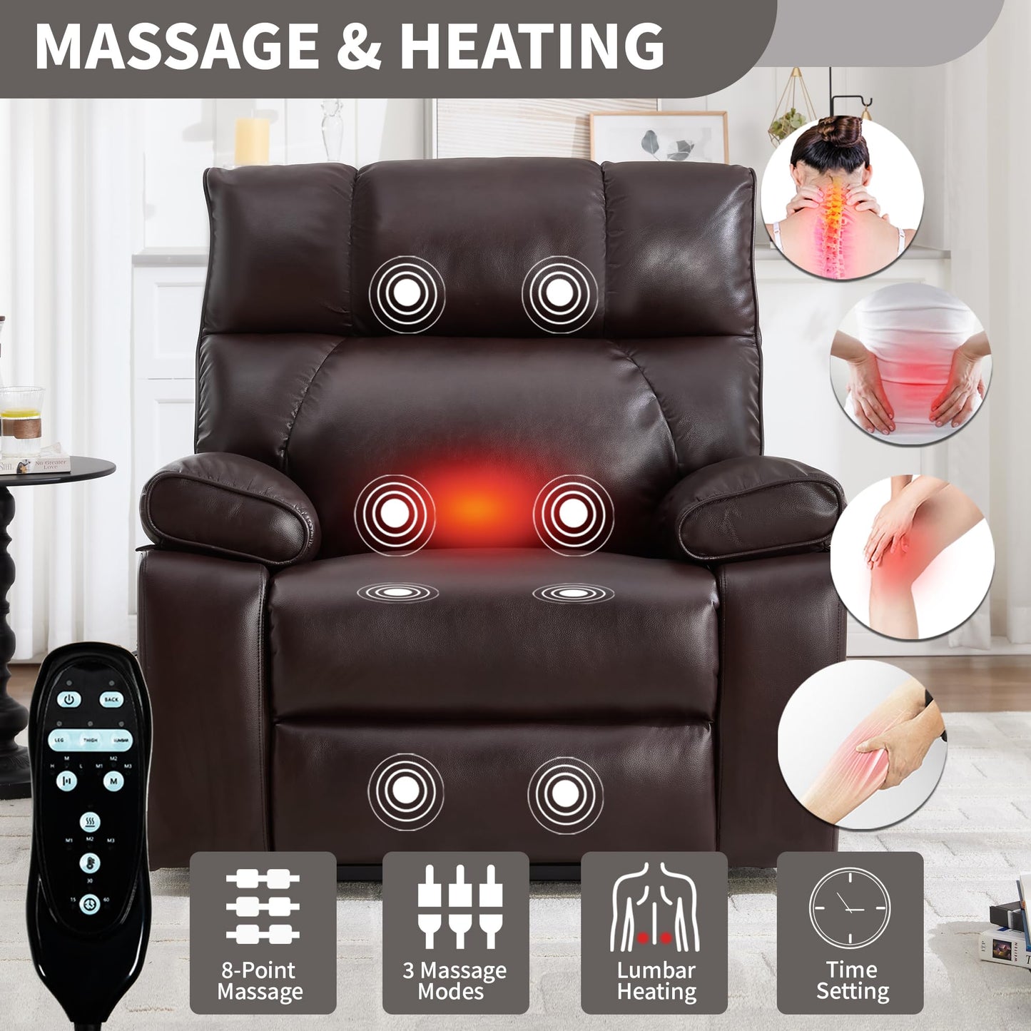 KEIKI Leatheraire Oversized Electric Power Lift Recliner Chair with Heat & Massage, Dual Motor, Infinite Positions, Hidden Cup Holders, Medium-Firm, Heavy Duty Up to 350 lbs, Dark Brown
